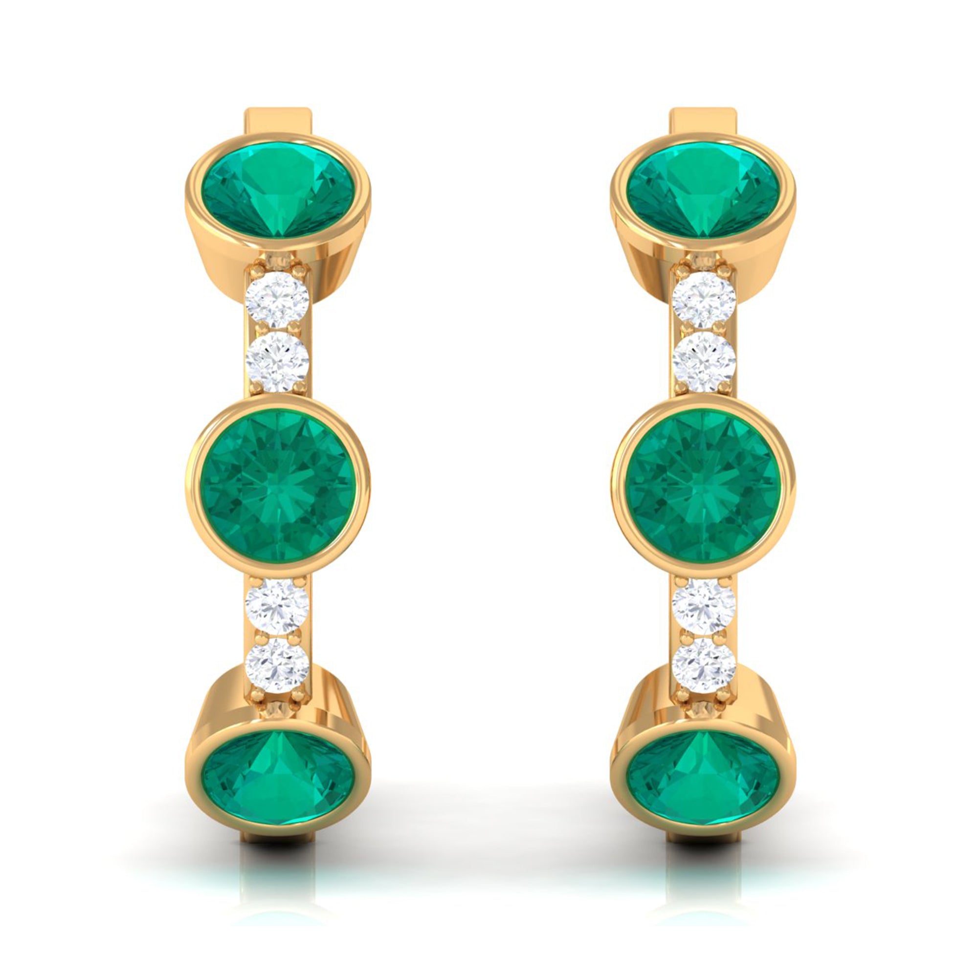 Bezel Set Emerald 3 Stone Hinged Hoop Earrings with Diamond Emerald - ( AAA ) - Quality - Rosec Jewels