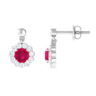 Natural Ruby Flower Drop Earrings with Diamond Halo Ruby - ( AAA ) - Quality - Rosec Jewels