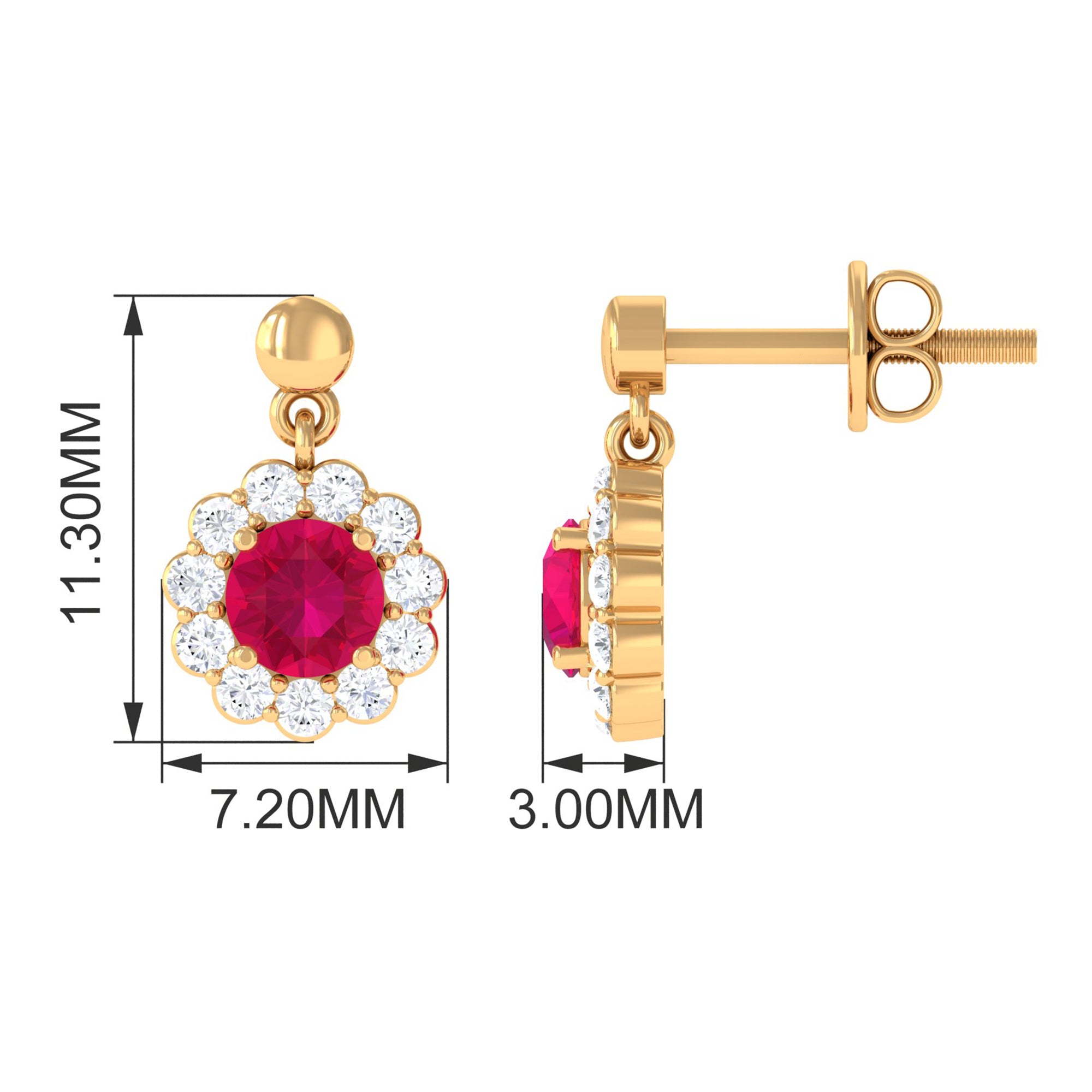 Natural Ruby Flower Drop Earrings with Diamond Halo Ruby - ( AAA ) - Quality - Rosec Jewels