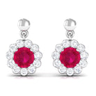 Natural Ruby Flower Drop Earrings with Diamond Halo Ruby - ( AAA ) - Quality - Rosec Jewels