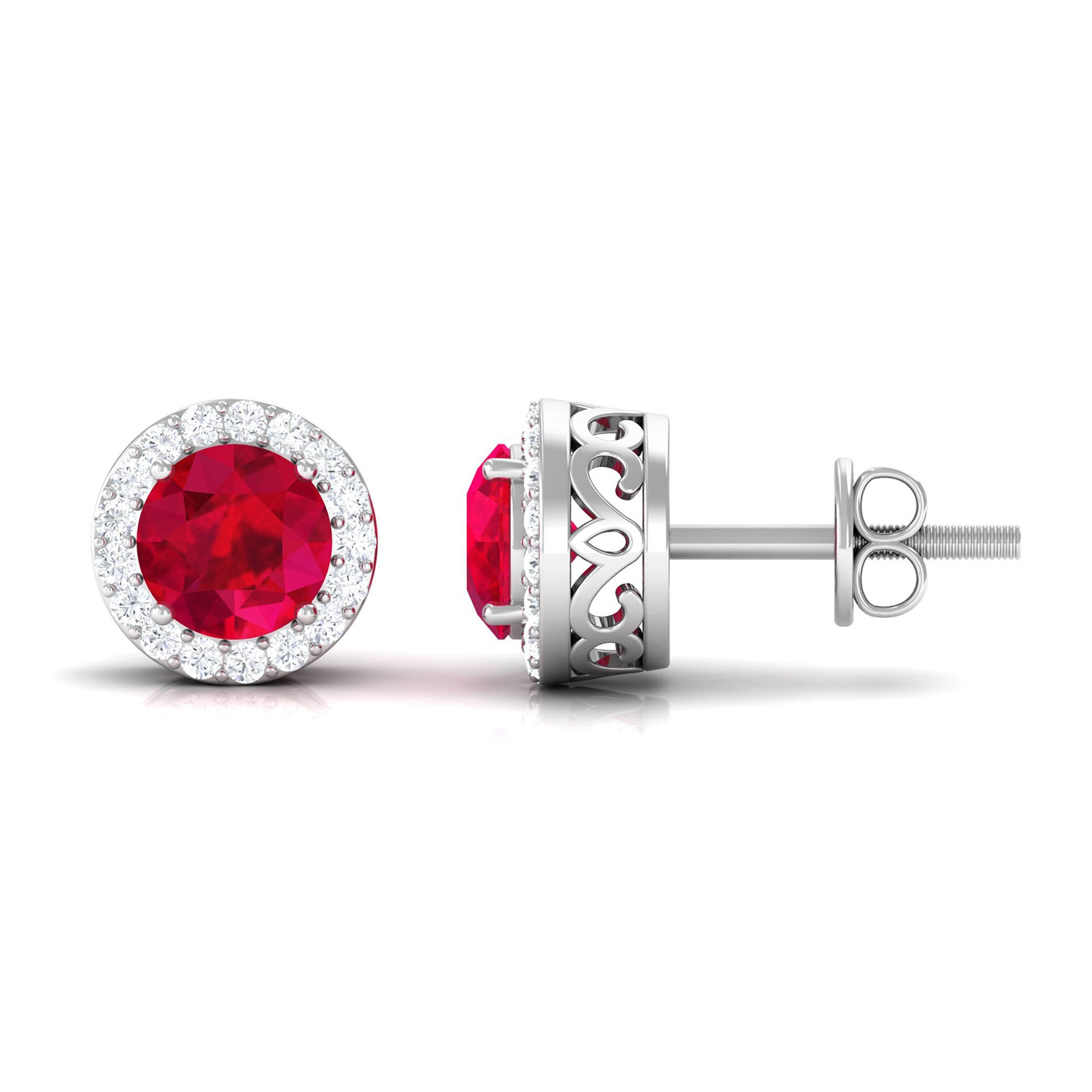 Created Ruby and Diamond Classic Halo Stud Earrings Lab Created Ruby - ( AAAA ) - Quality - Rosec Jewels