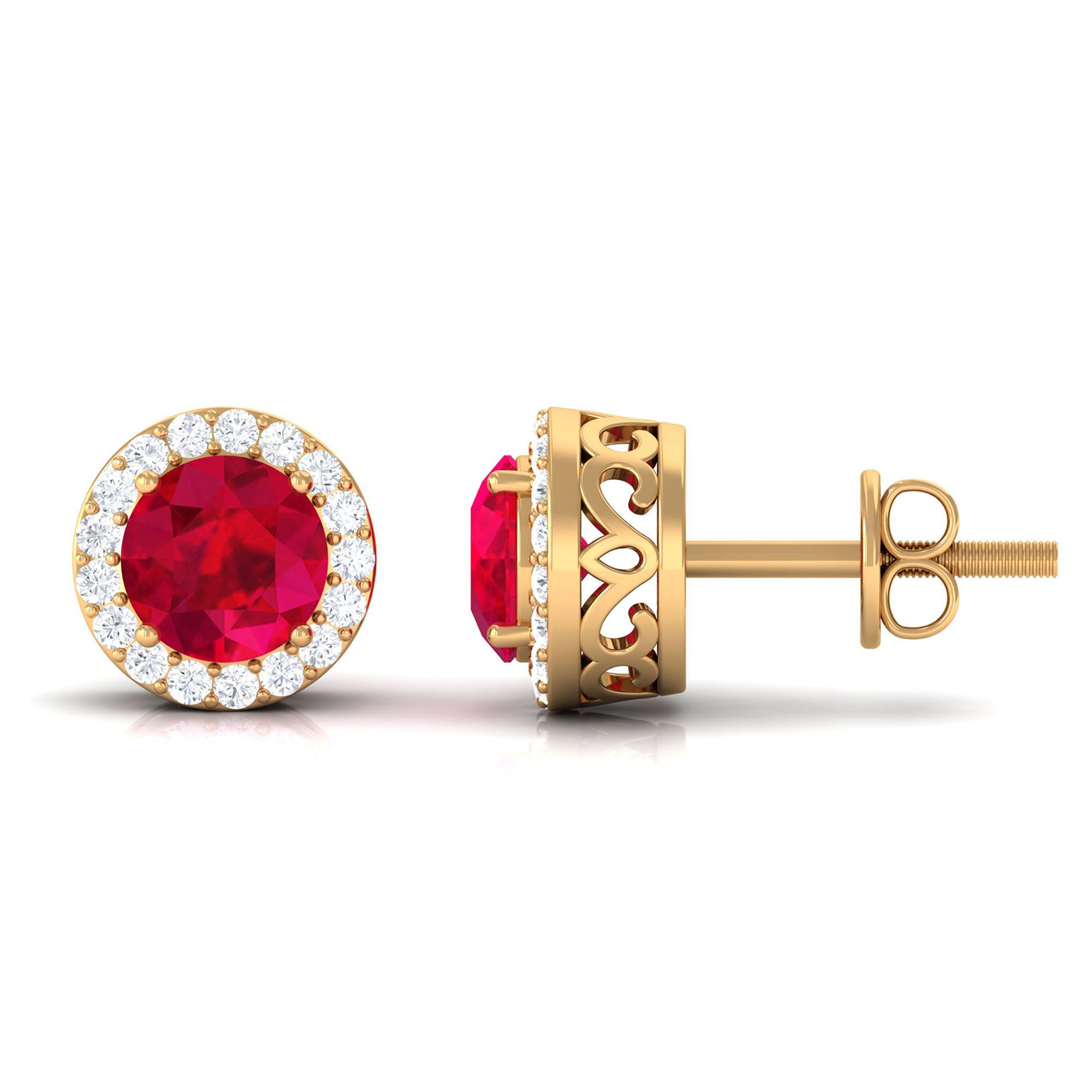 Created Ruby and Diamond Classic Halo Stud Earrings Lab Created Ruby - ( AAAA ) - Quality - Rosec Jewels