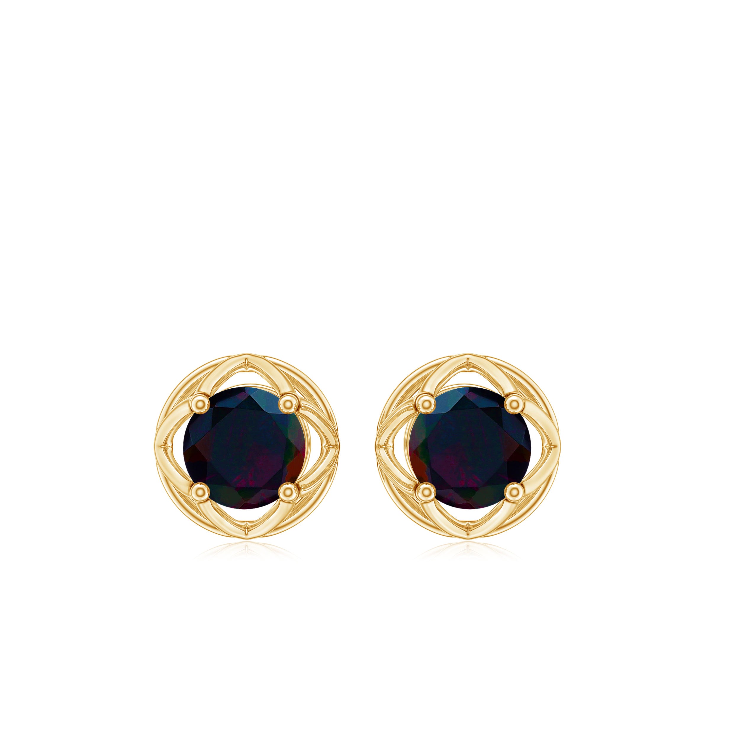 Swirl and Round Black Opal Solitaire Stud Earrings Black Opal - ( AAA ) - Quality - Rosec Jewels