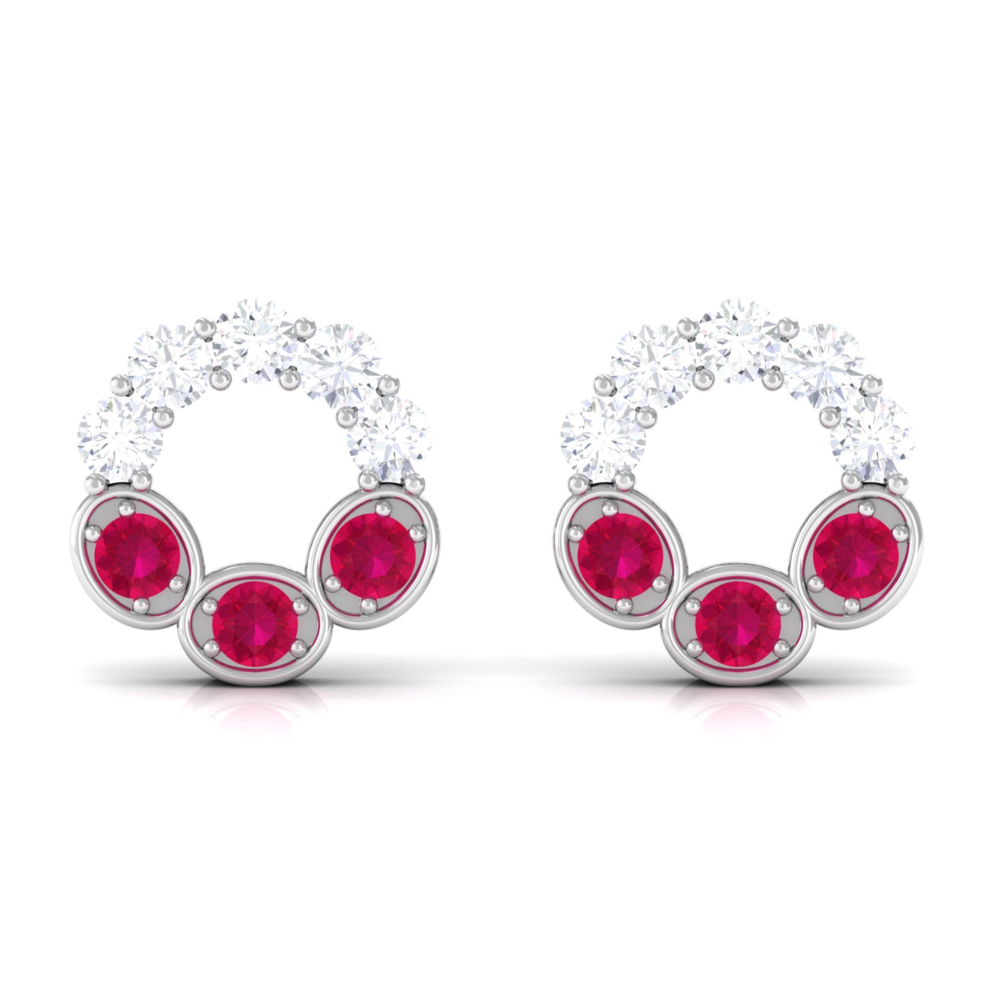 Three Stone Ruby Eternity Stud Earrings with Diamond Ruby - ( AAA ) - Quality - Rosec Jewels