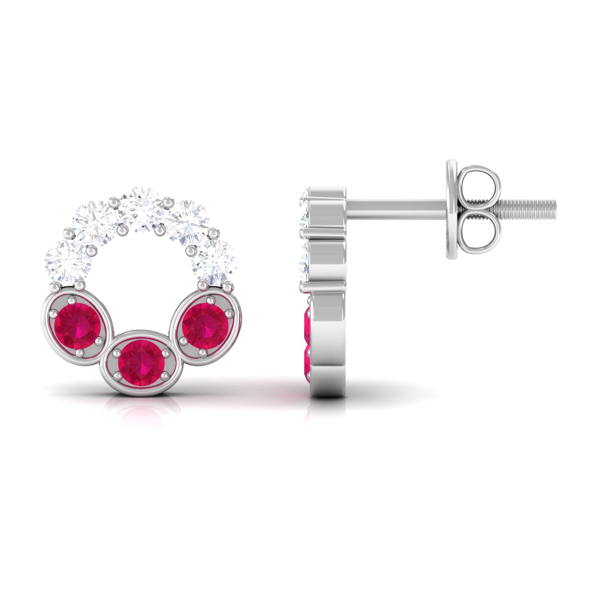 Three Stone Ruby Eternity Stud Earrings with Diamond Ruby - ( AAA ) - Quality - Rosec Jewels