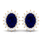 Oval Cut Created Blue Sapphire Halo Stud Earrings with Diamond Lab Created Blue Sapphire - ( AAAA ) - Quality - Rosec Jewels