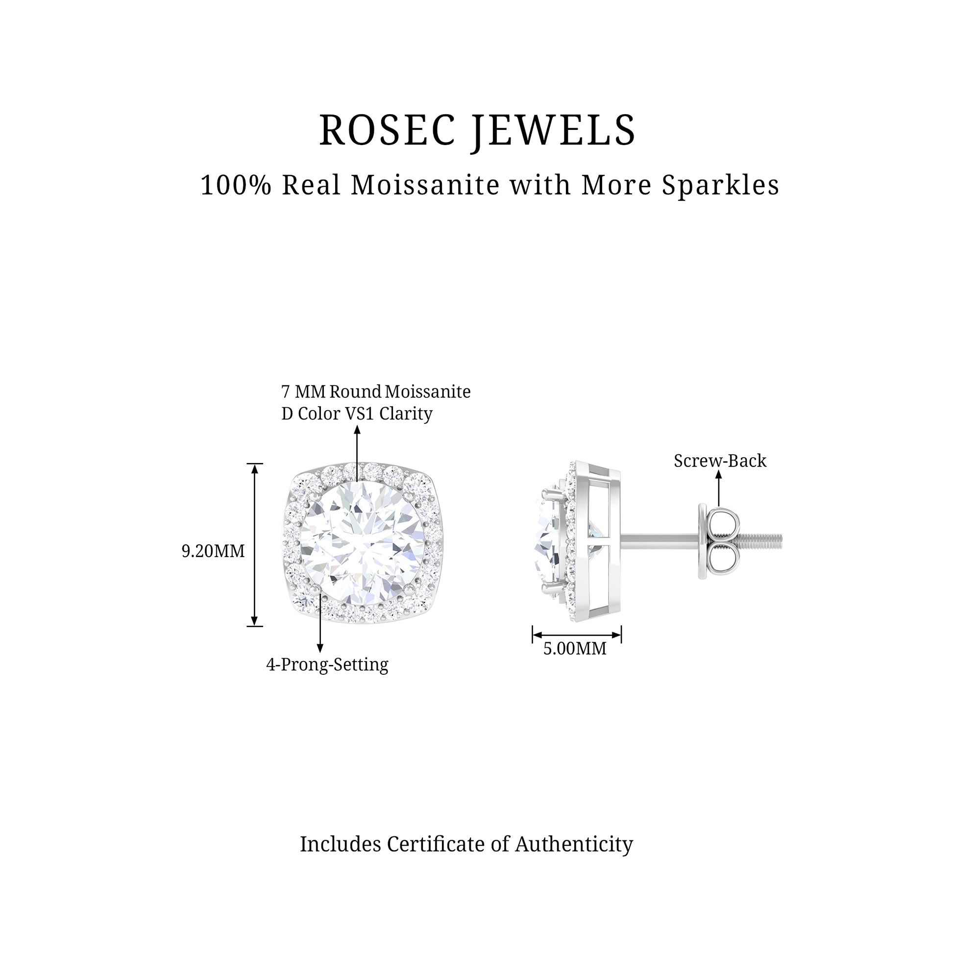 3.50 CT Moissanite Classic Halo Stud Earrings Moissanite - ( D-VS1 ) - Color and Clarity - Rosec Jewels