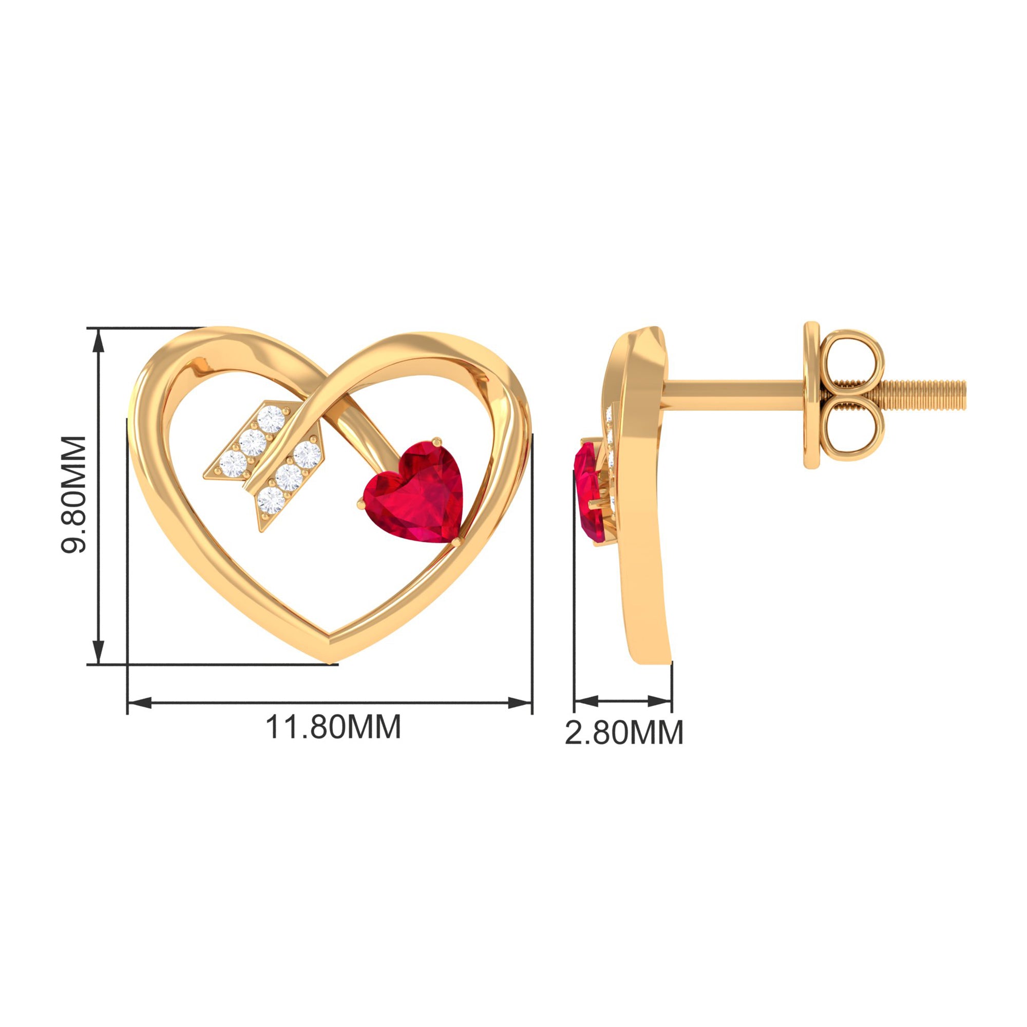 Heart Stud Earrings with Lab Created Ruby and Diamond Lab Created Ruby - ( AAAA ) - Quality - Rosec Jewels