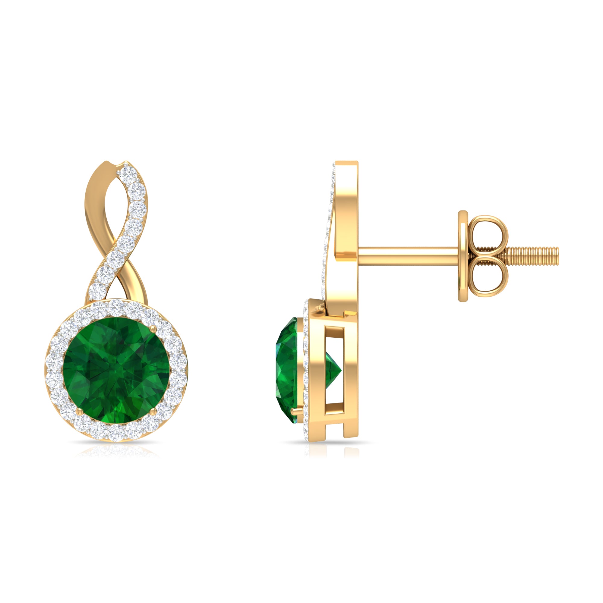 Round Emerald and Diamond Infinity Stud Earrings Emerald - ( AAA ) - Quality - Rosec Jewels