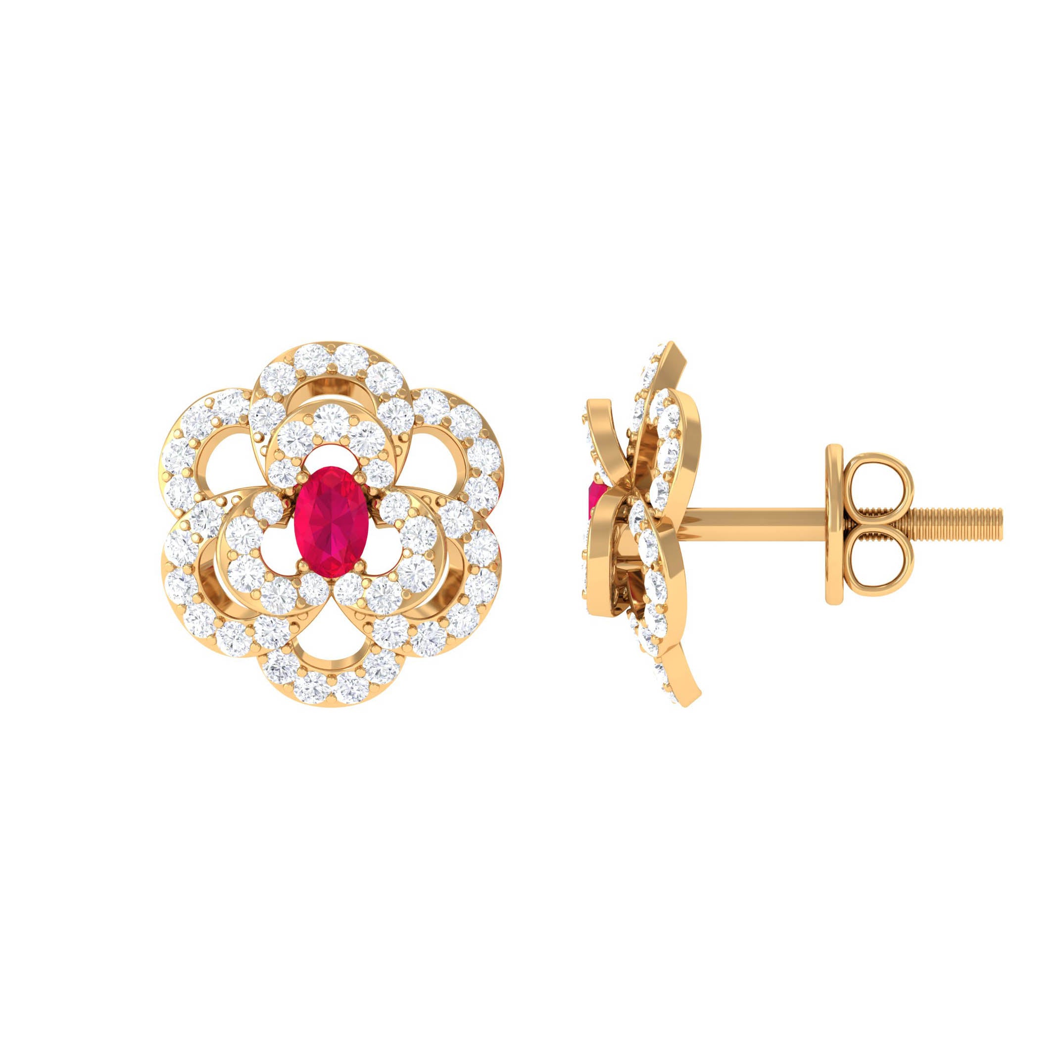 Flower Inspired Ruby and Diamond Statement Stud Earrings Ruby - ( AAA ) - Quality - Rosec Jewels