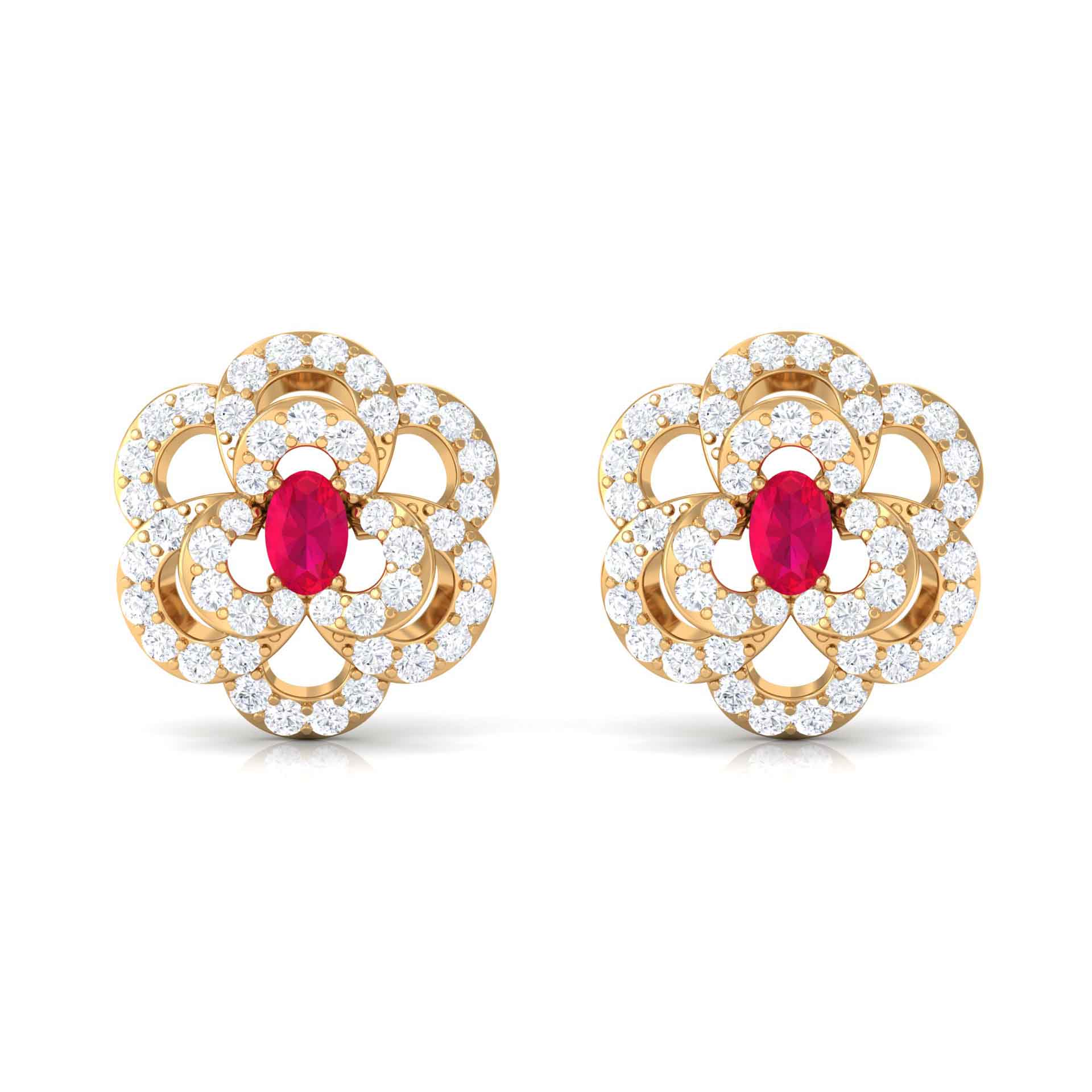 Flower Inspired Ruby and Diamond Statement Stud Earrings Ruby - ( AAA ) - Quality - Rosec Jewels