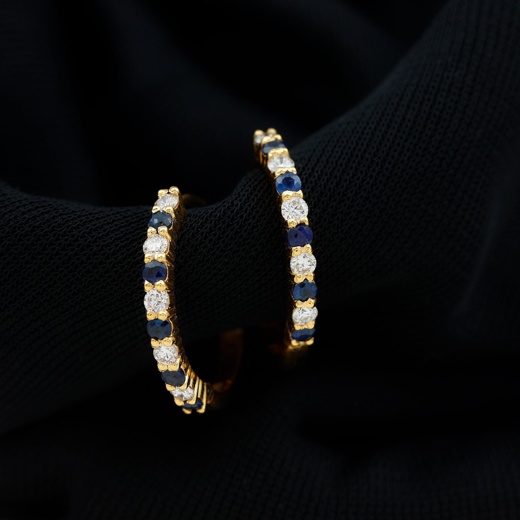 Minimal Hoop Earrings with Blue Sapphire and Moissanite in Gold Blue Sapphire - ( AAA ) - Quality - Rosec Jewels