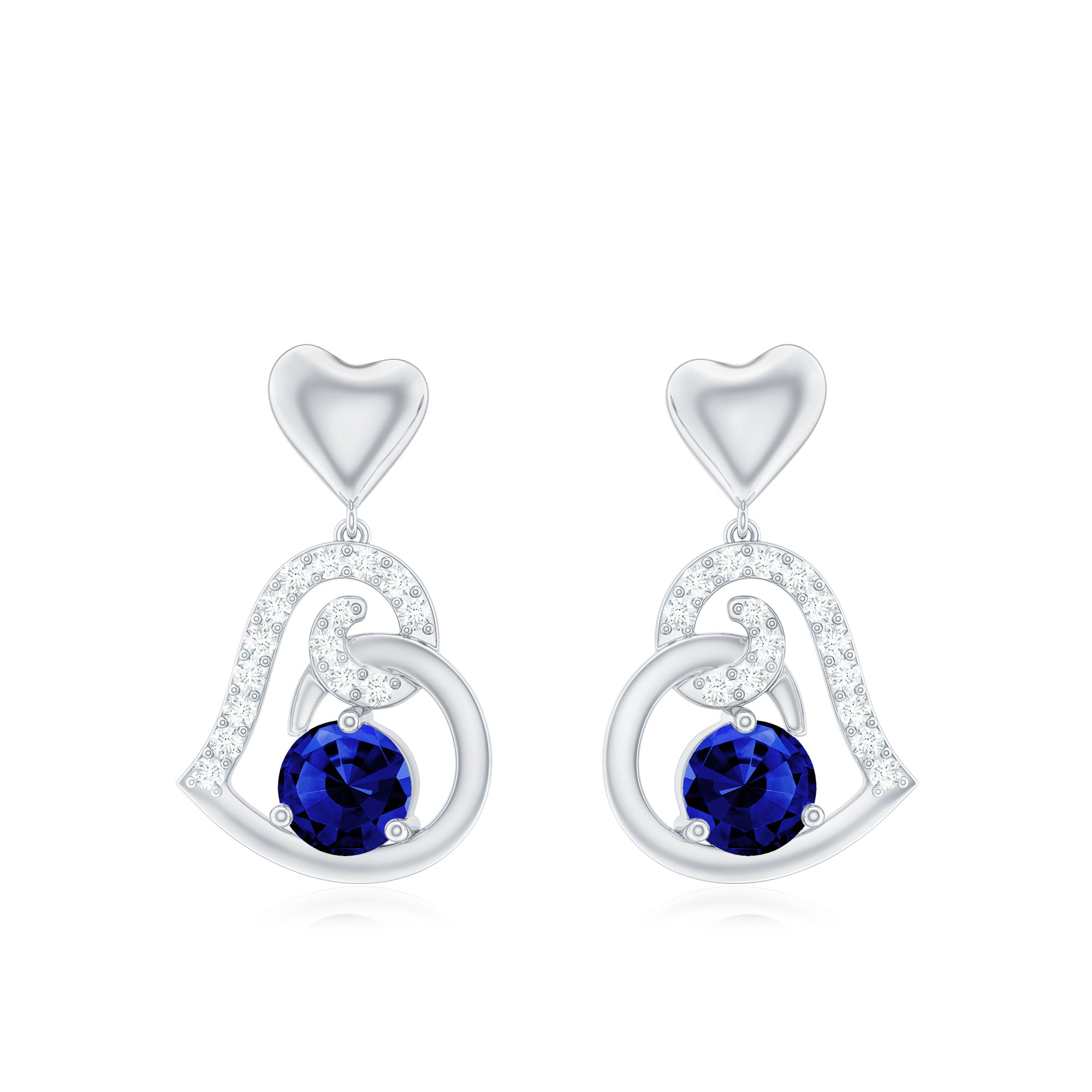 Created Blue Sapphire and Diamond Heart Drop Earrings