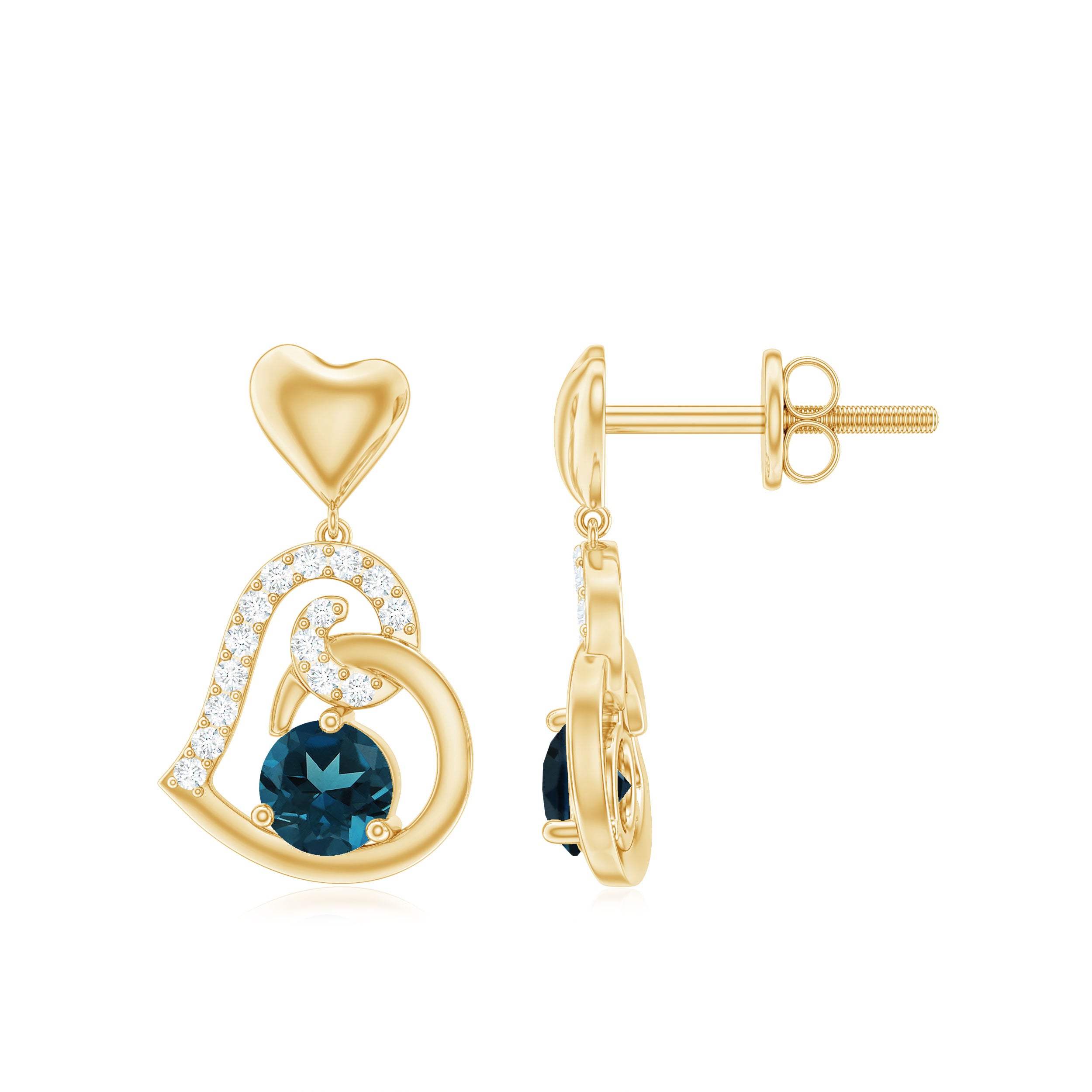 Round London Blue Topaz and Diamond Heart Drop Earring London Blue Topaz - ( AAA ) - Quality - Rosec Jewels