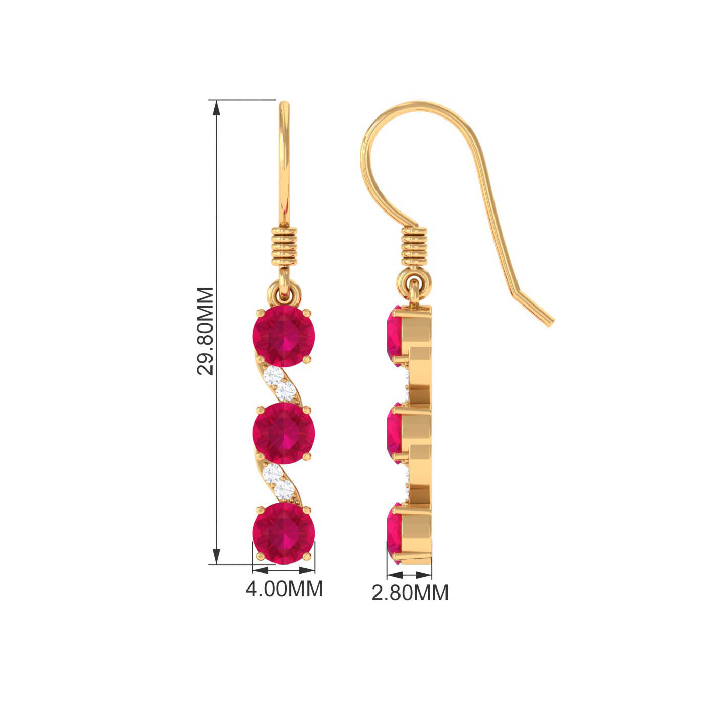 Minimal Ruby Dangle Drop Earrings with Diamond Ruby - ( AAA ) - Quality - Rosec Jewels