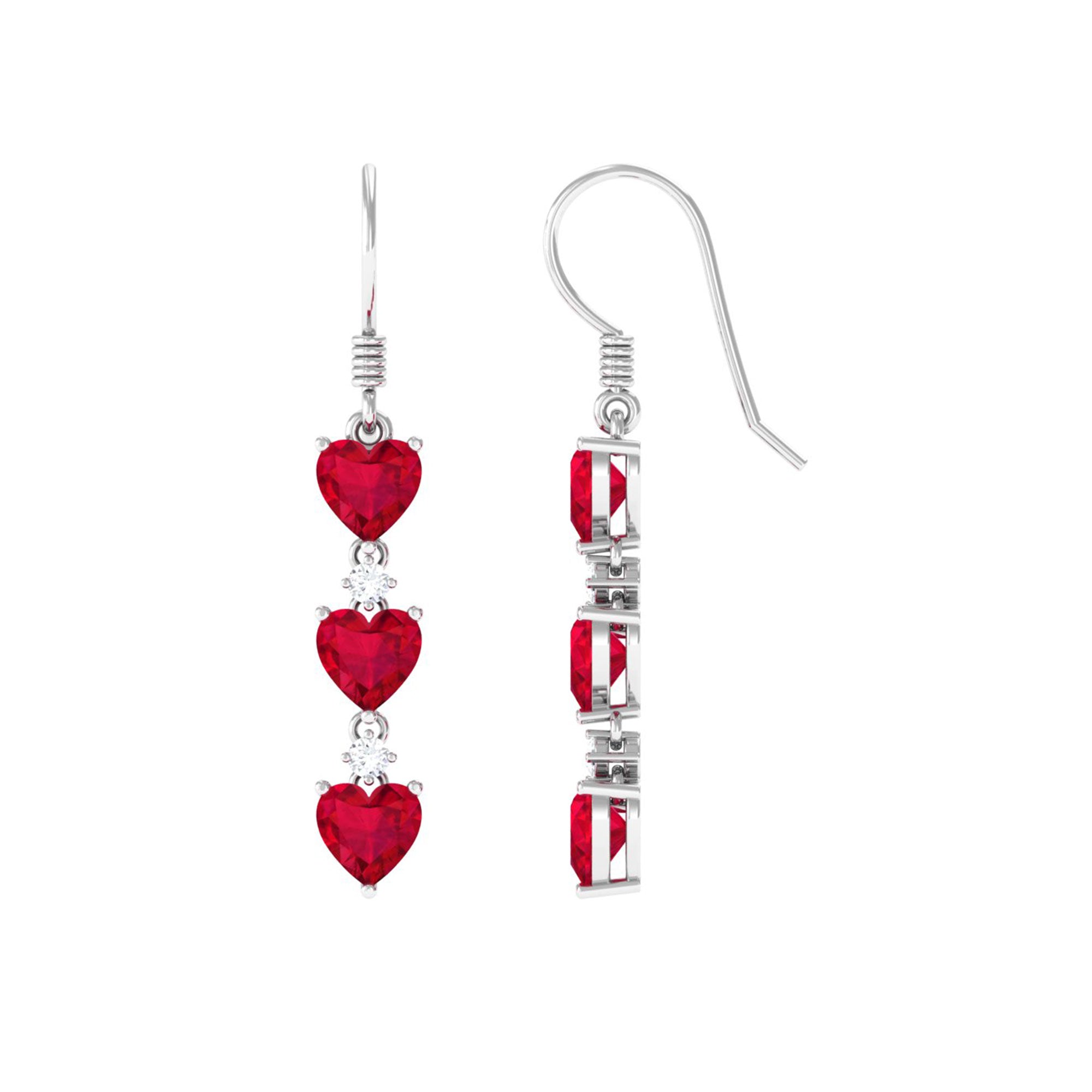 Rosec Jewels-3 Heart Lab Grown Ruby Dangle Earrings with Moissanite