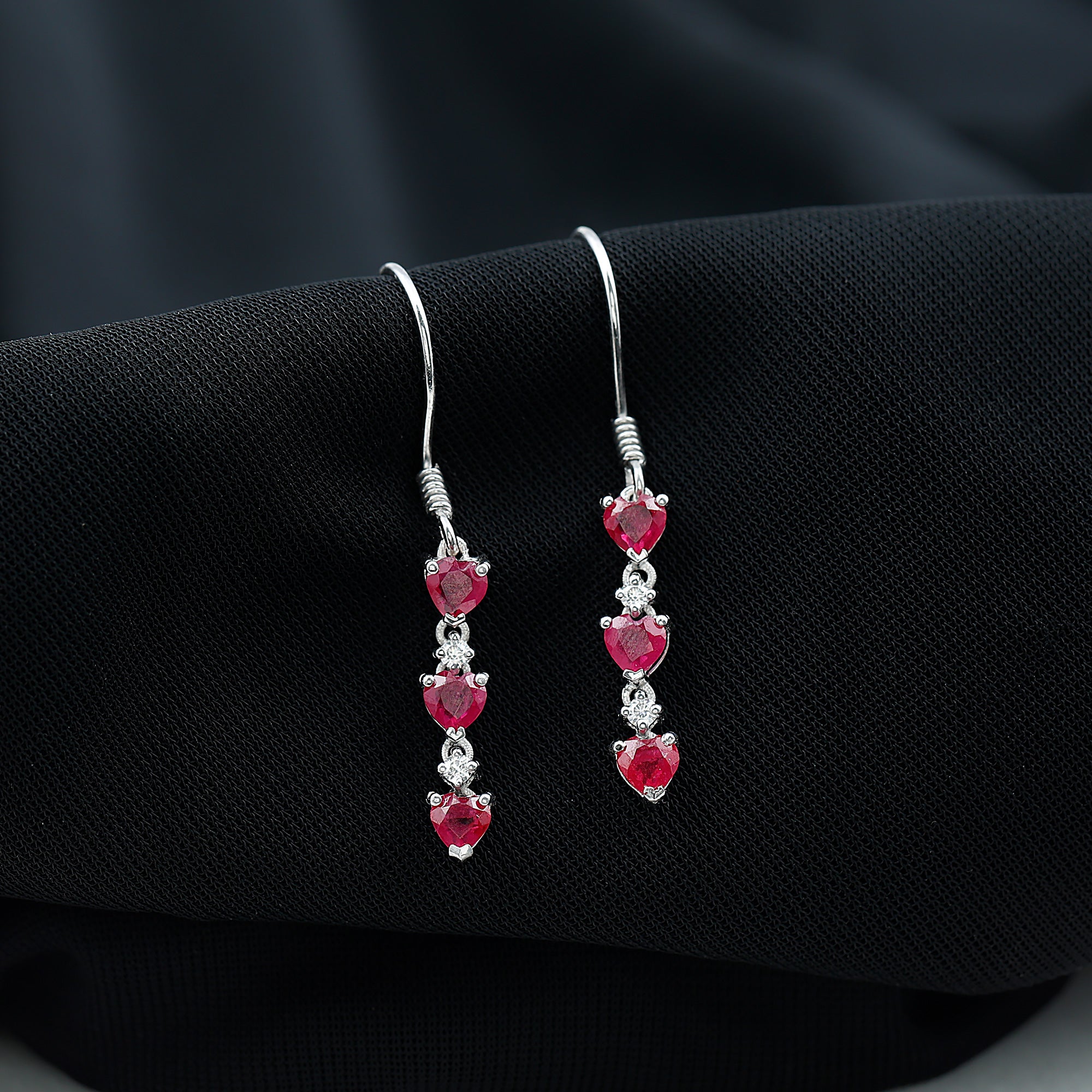 Rosec Jewels-3 Heart Lab Grown Ruby Dangle Earrings with Moissanite