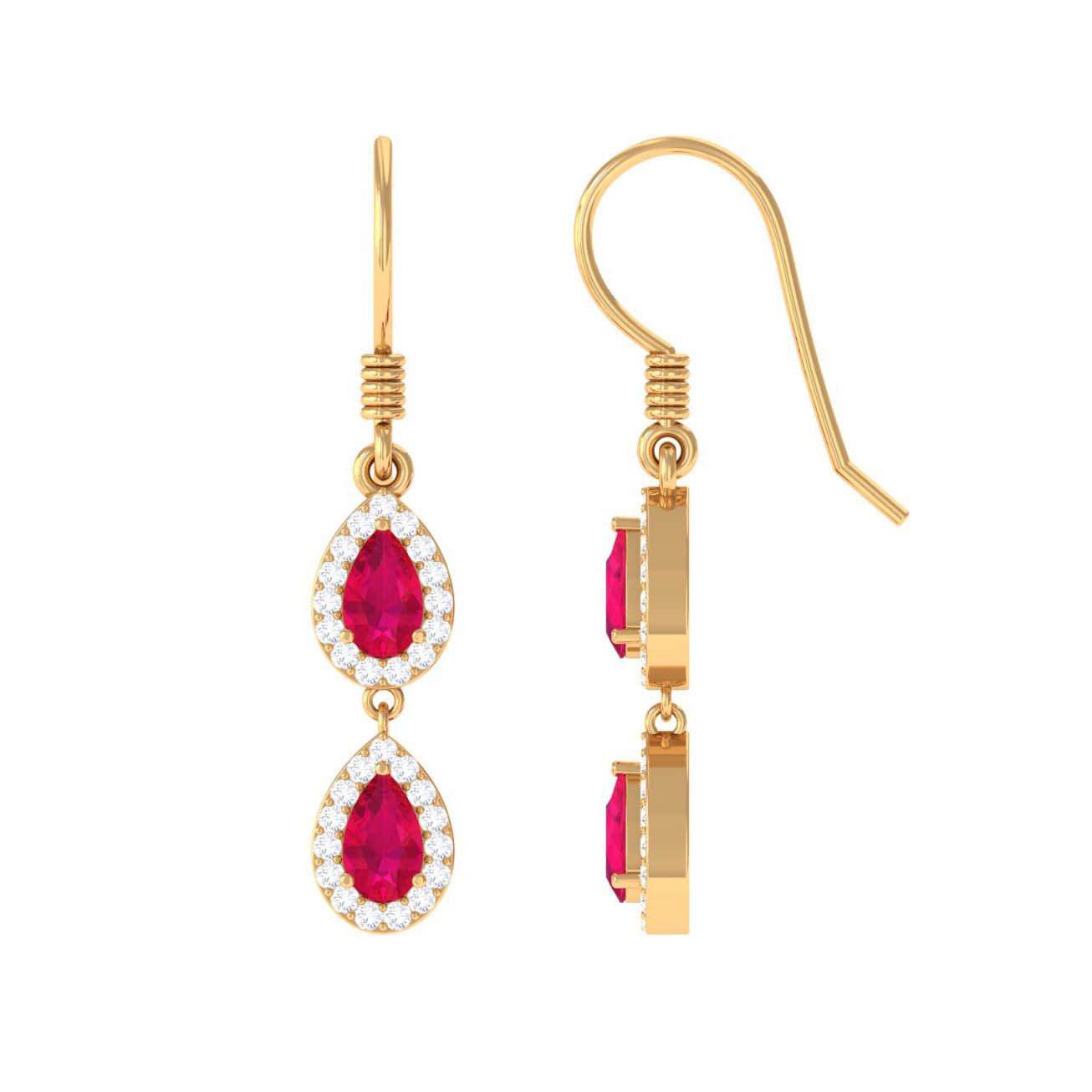 Ruby and Diamond Dangle Earrings with Fish Hook Ruby - ( AAA ) - Quality - Rosec Jewels