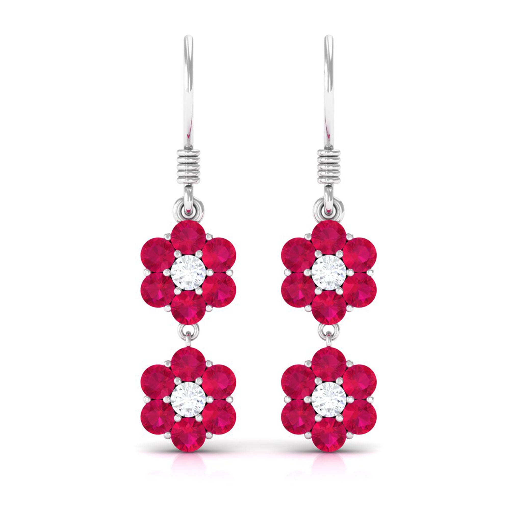 2.75 CT Ruby and Moissanite Twin Flower Dangle Earrings Ruby - ( AAA ) - Quality - Rosec Jewels