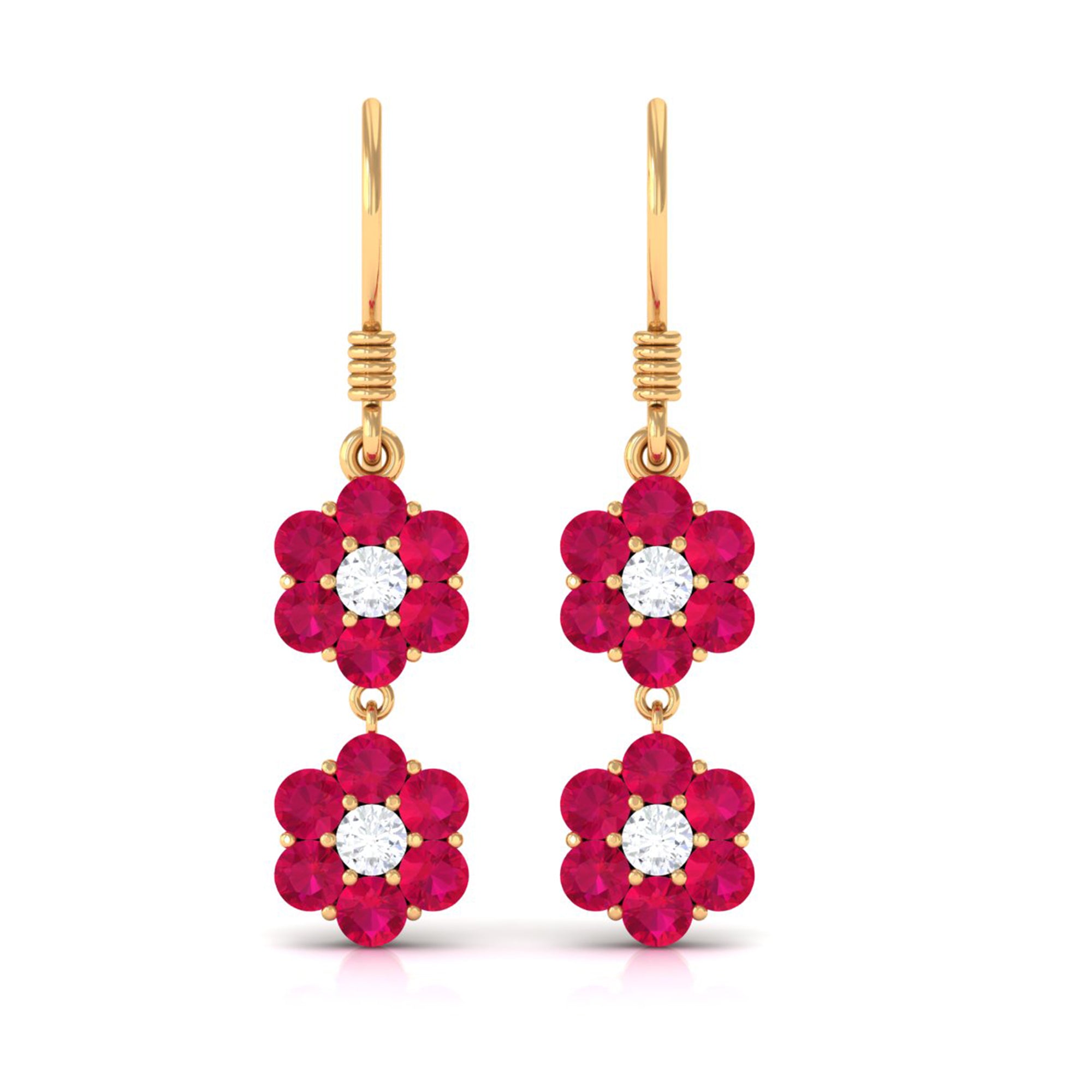 2.75 CT Ruby and Moissanite Twin Flower Dangle Earrings Ruby - ( AAA ) - Quality - Rosec Jewels