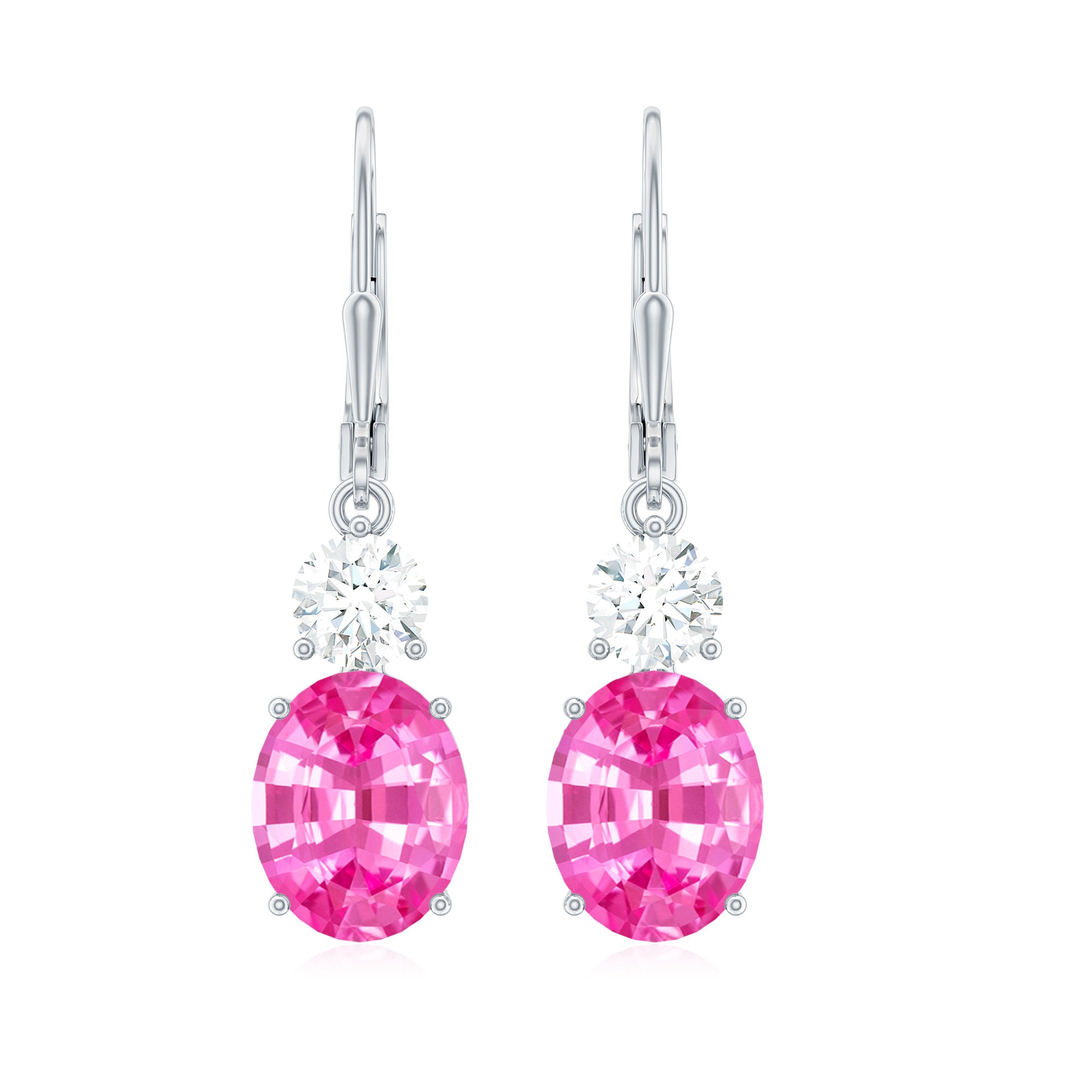 Oval Shape Created Pink Sapphire Drop Lever Back Earrings Lab Created Pink Sapphire - ( AAAA ) - Quality - Rosec Jewels