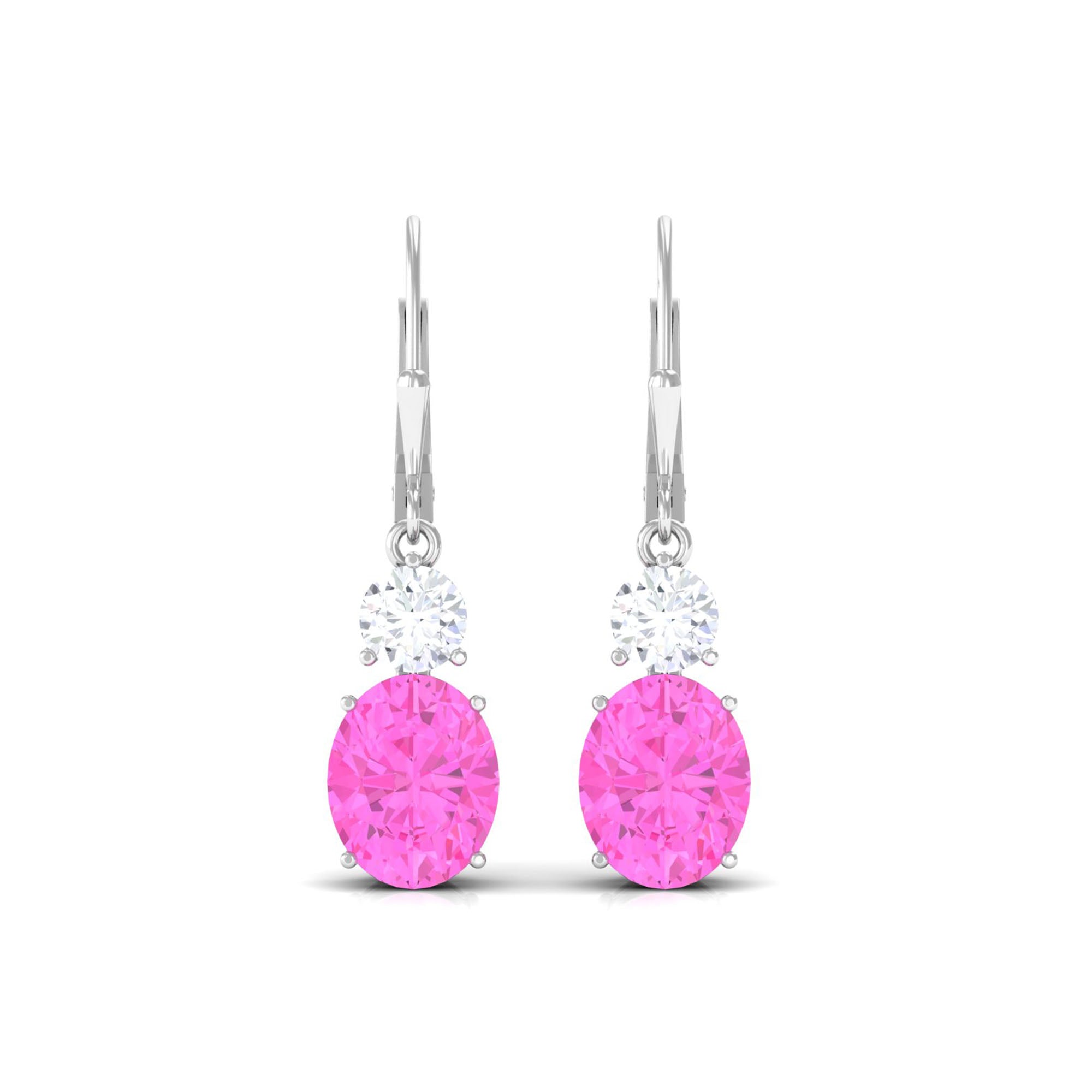 Oval Shape Created Pink Sapphire Drop Lever Back Earrings Lab Created Pink Sapphire - ( AAAA ) - Quality - Rosec Jewels