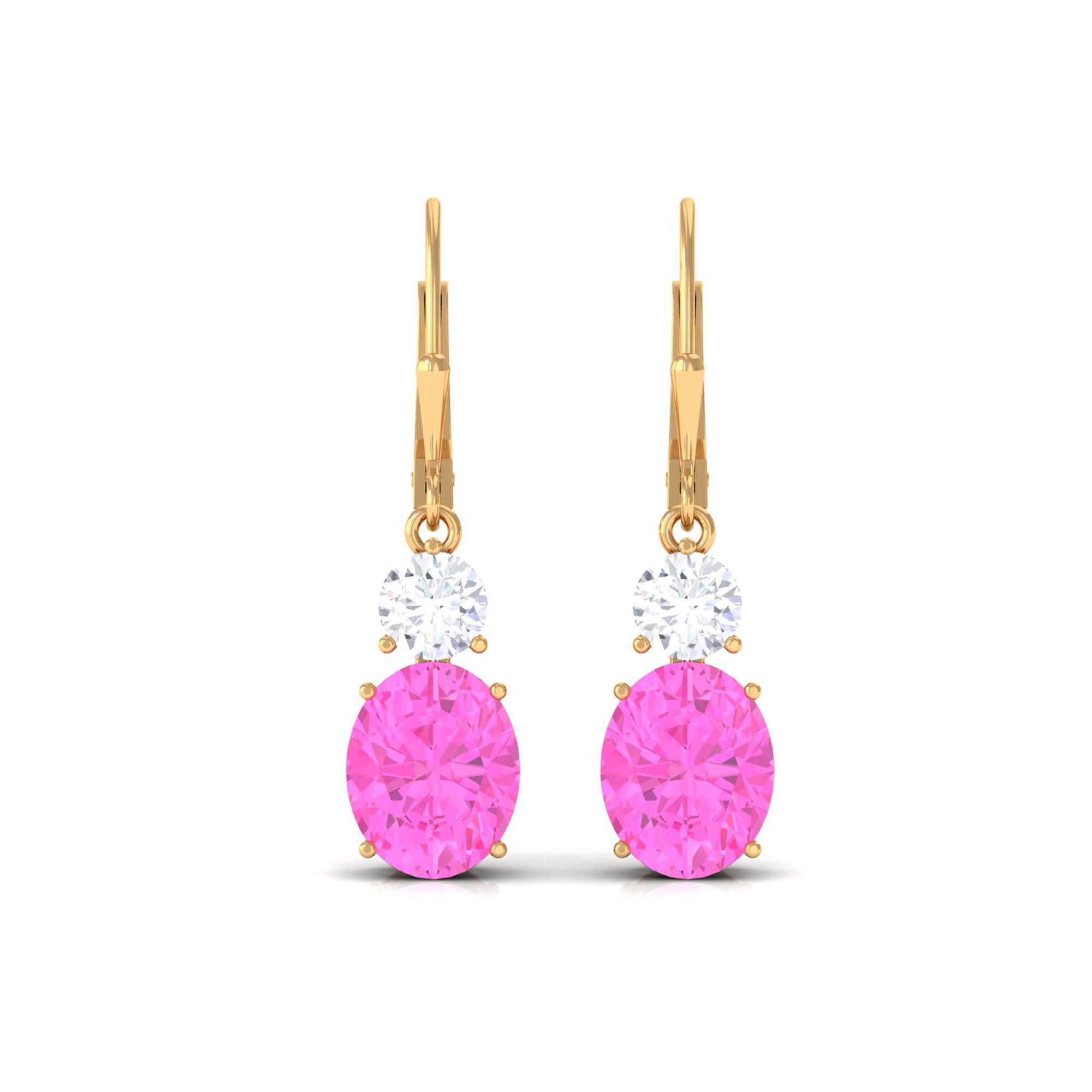 Oval Shape Created Pink Sapphire Drop Lever Back Earrings Lab Created Pink Sapphire - ( AAAA ) - Quality - Rosec Jewels