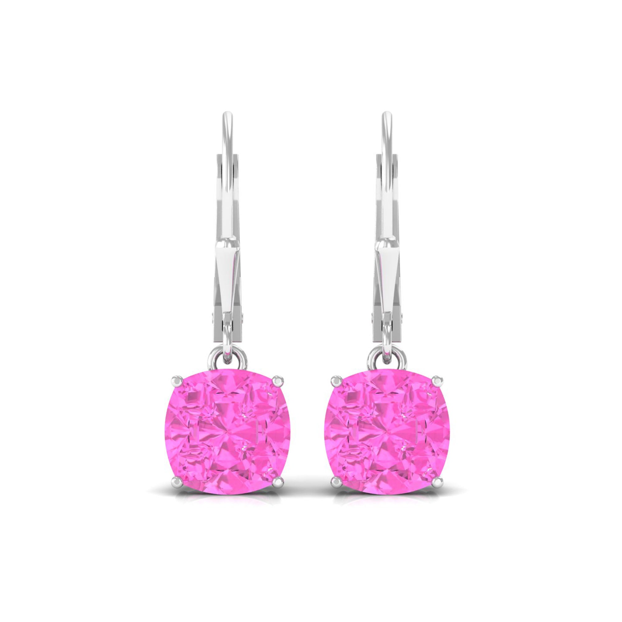 Cushion Cut Created Pink Sapphire Solitaire Drop Earrings with Lever Back Lab Created Pink Sapphire - ( AAAA ) - Quality - Rosec Jewels