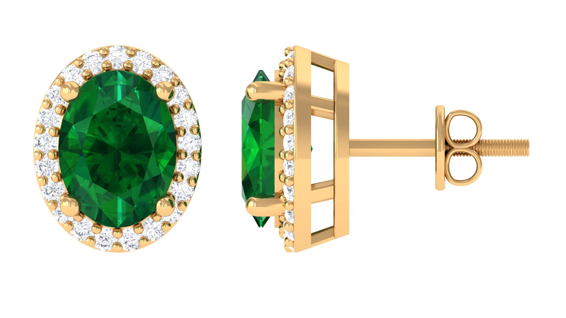 Classic Oval Shaped Lab Grown Emerald and Diamond Halo Stud Earrings Lab Created Emerald - ( AAAA ) - Quality - Rosec Jewels