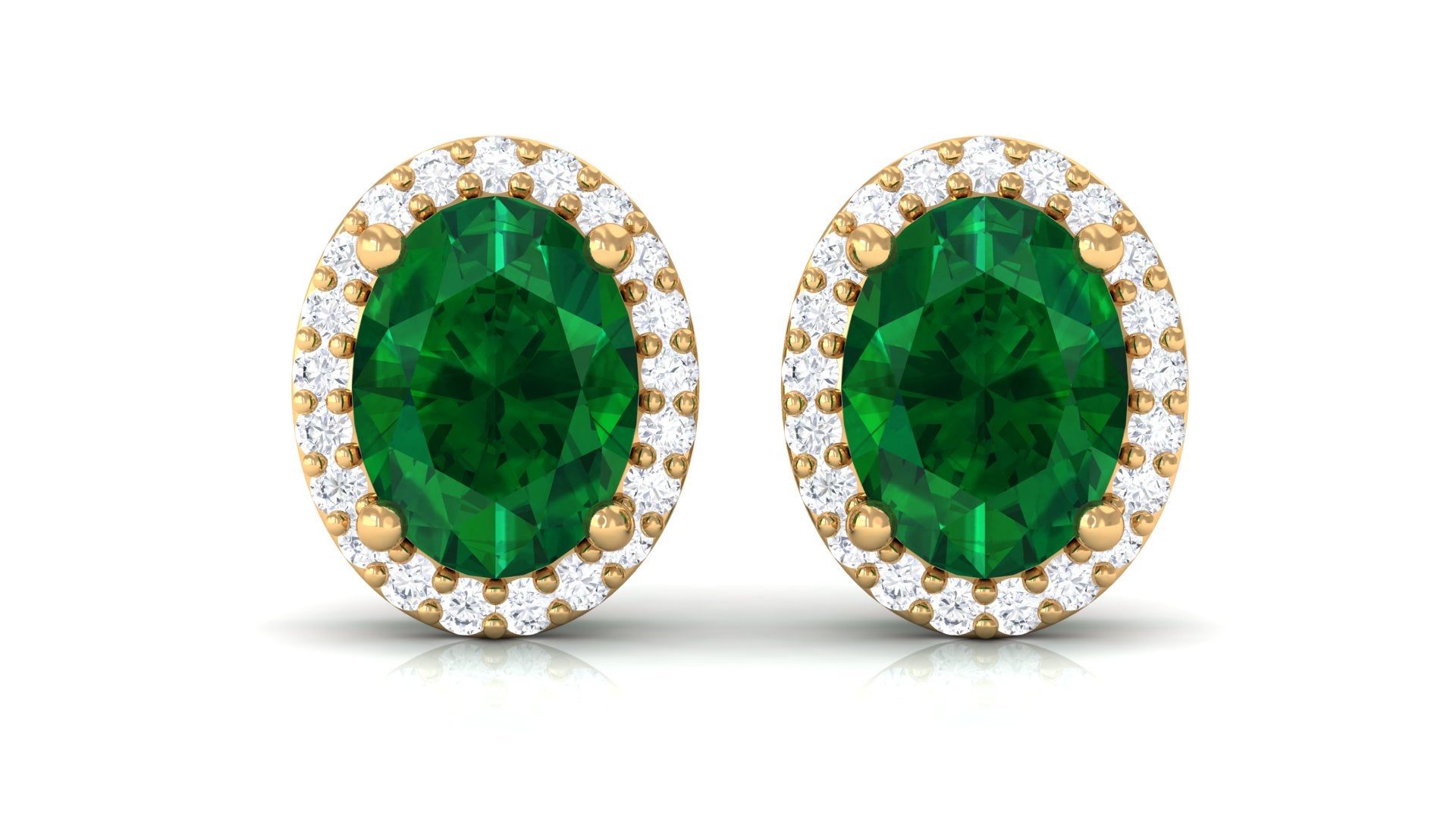 Classic Oval Shaped Lab Grown Emerald and Diamond Halo Stud Earrings Lab Created Emerald - ( AAAA ) - Quality - Rosec Jewels