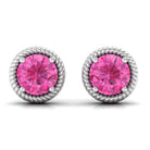 Round Pink Sapphire Solitaire Stud Earrings in Rope Frame Design Pink Sapphire - ( AAA ) - Quality - Rosec Jewels