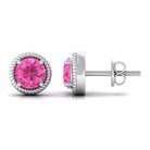 Round Pink Sapphire Solitaire Stud Earrings in Rope Frame Design Pink Sapphire - ( AAA ) - Quality - Rosec Jewels