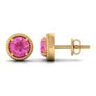 Round Pink Sapphire Solitaire Stud Earrings in Rope Frame Design Pink Sapphire - ( AAA ) - Quality - Rosec Jewels