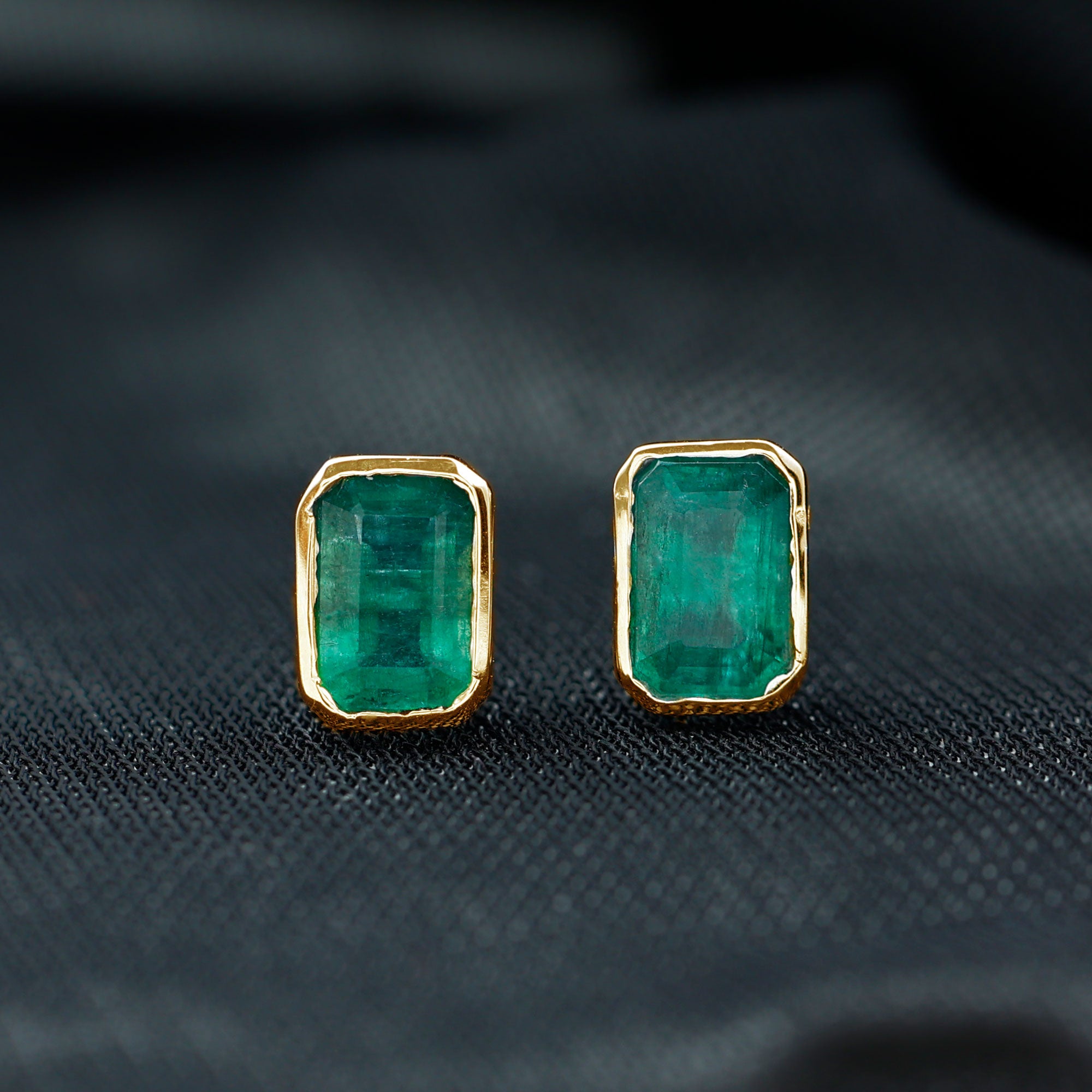 Octagon Cut Emerald Solitaire Stud Earrings in Bezel Setting Emerald - ( AAA ) - Quality - Rosec Jewels