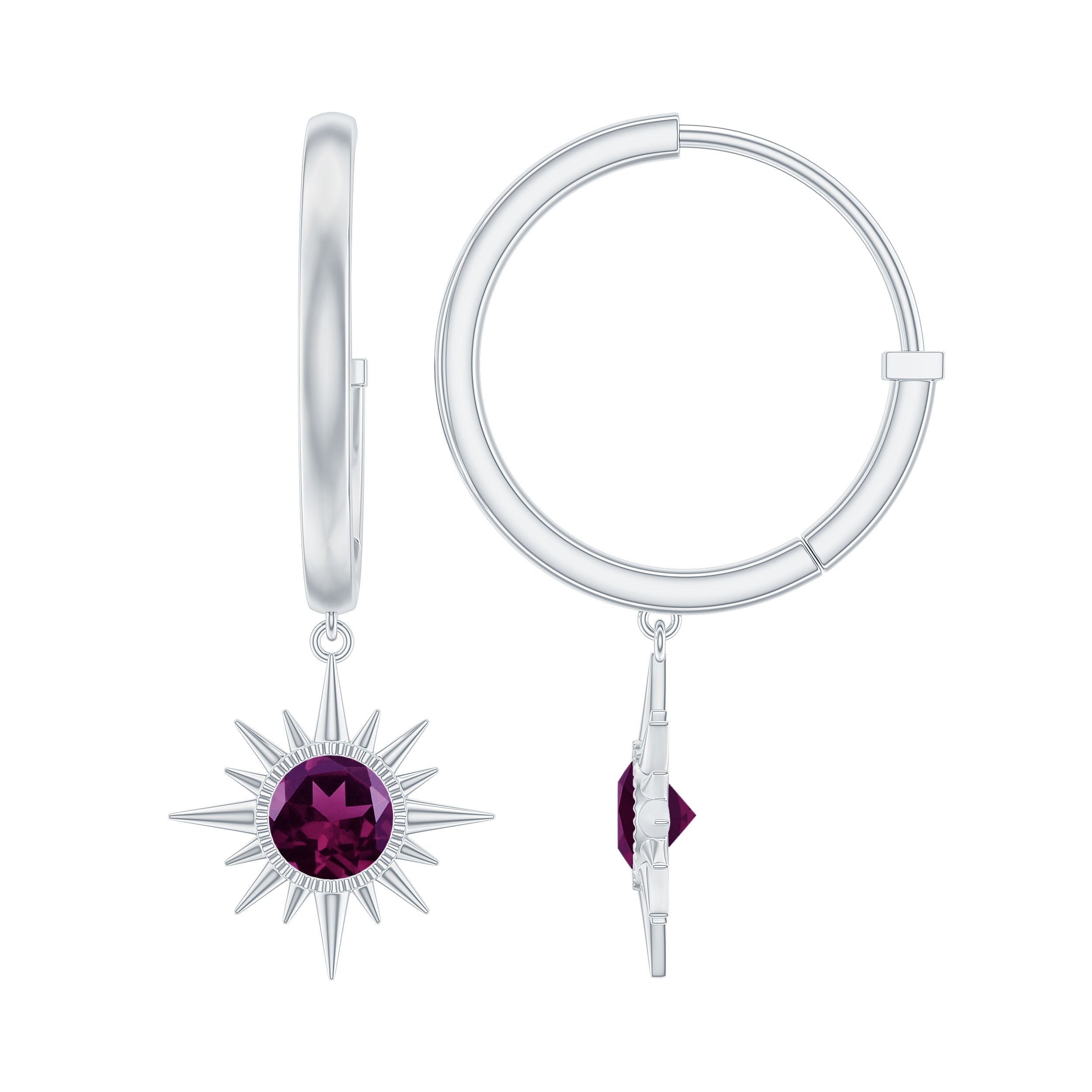 3/4 CT Milgrain Bezel Set Rhodolite Sunburst Drop Hoop Earrings Rhodolite - ( AAA ) - Quality - Rosec Jewels