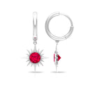 Bezel Set Created Ruby Sunburst Hoop Drop Earrings Lab Created Ruby - ( AAAA ) - Quality - Rosec Jewels