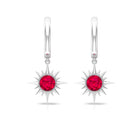 Bezel Set Created Ruby Sunburst Hoop Drop Earrings Lab Created Ruby - ( AAAA ) - Quality - Rosec Jewels