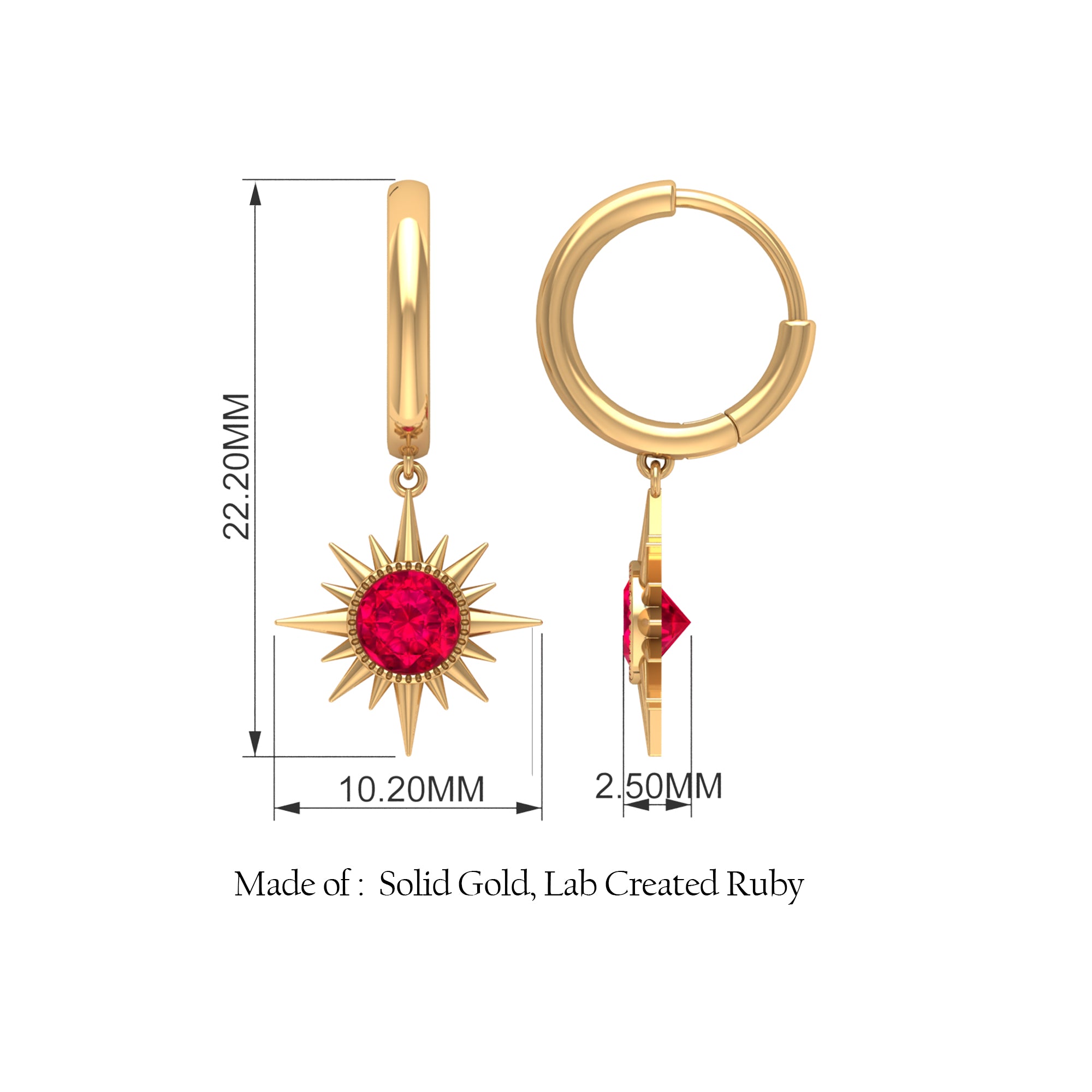 Bezel Set Created Ruby Sunburst Hoop Drop Earrings Lab Created Ruby - ( AAAA ) - Quality - Rosec Jewels