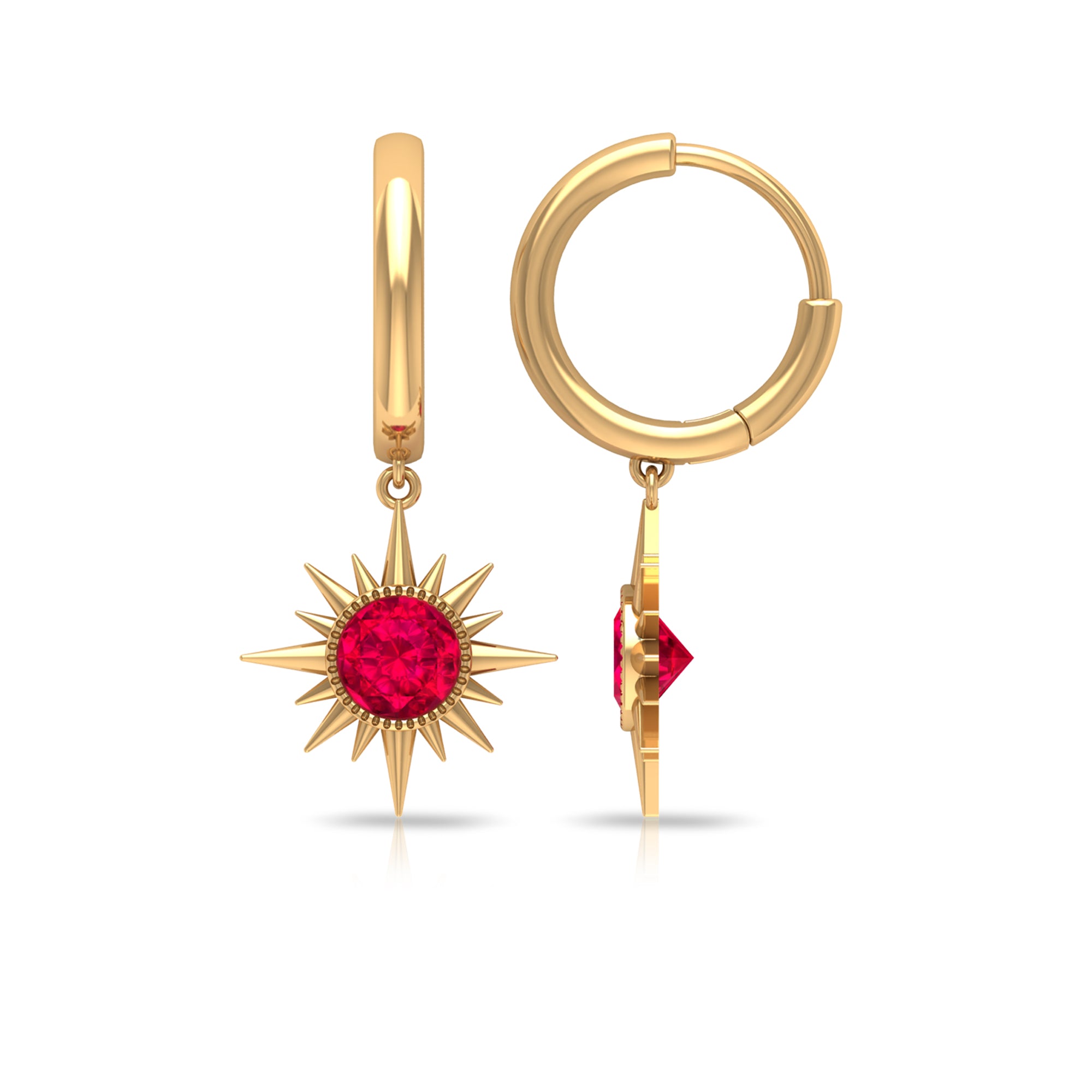 Bezel Set Created Ruby Sunburst Hoop Drop Earrings Lab Created Ruby - ( AAAA ) - Quality - Rosec Jewels