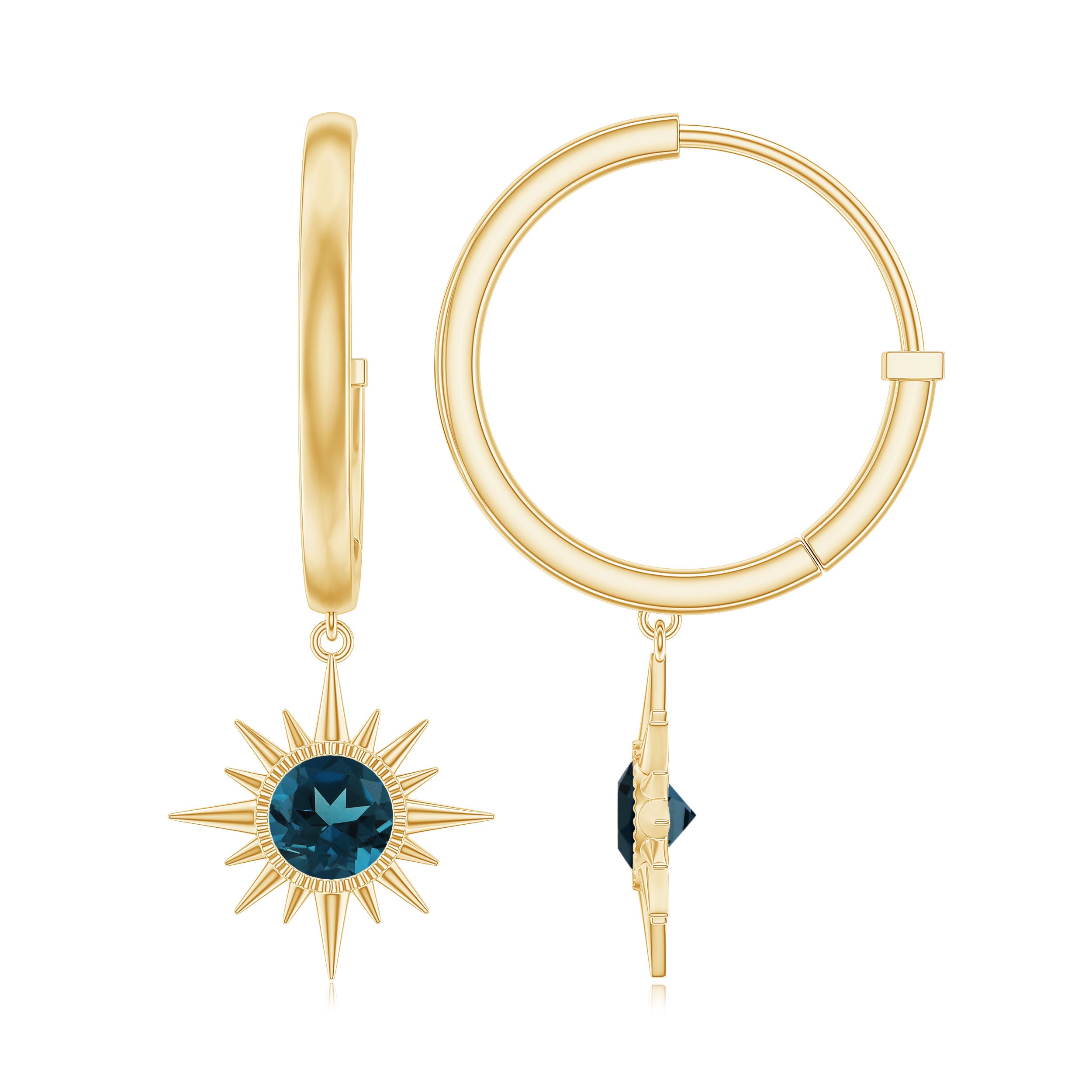 Bezel Set London Blue Topaz Sunburst Hoop Drop Earrings in Gold London Blue Topaz - ( AAA ) - Quality - Rosec Jewels