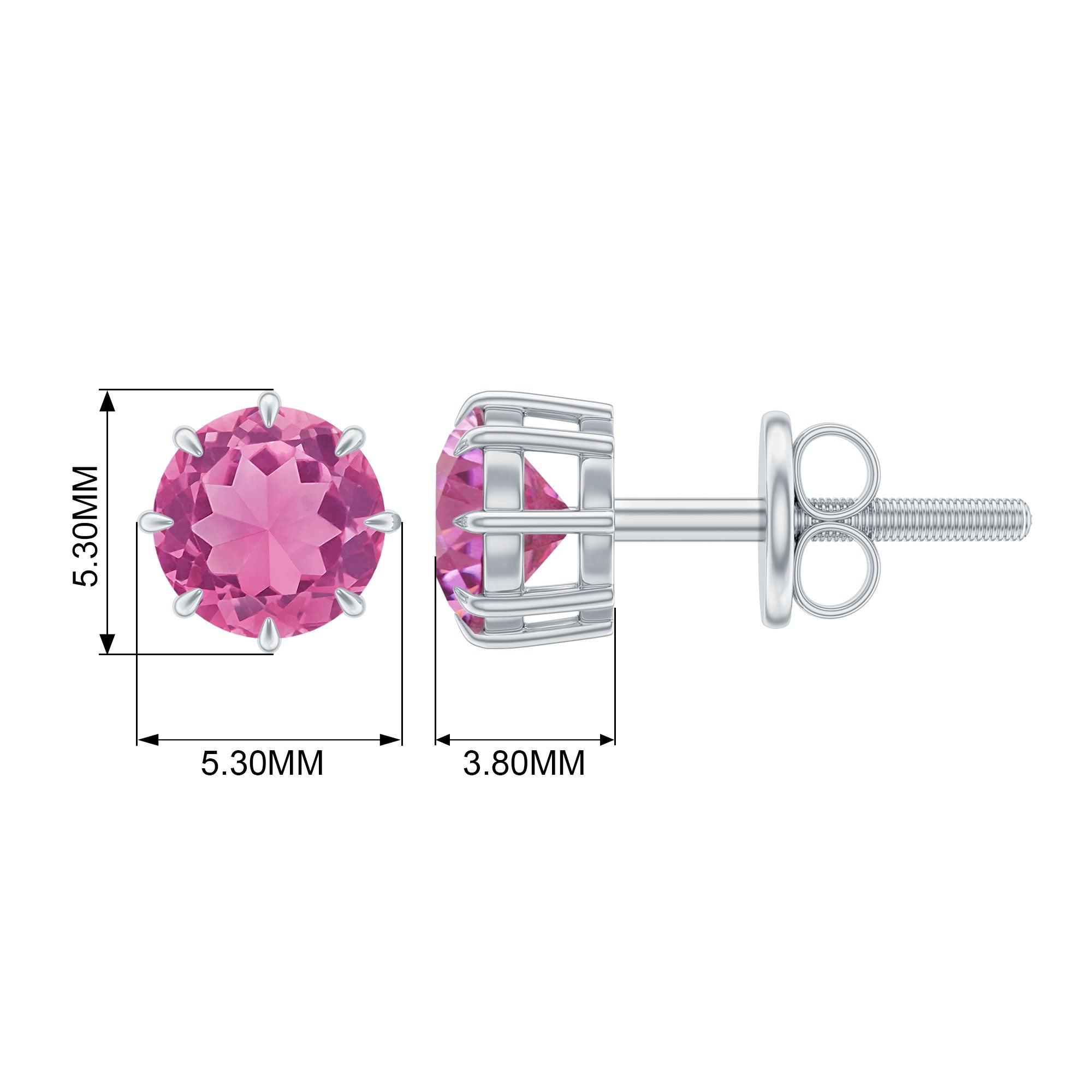 4.5 MM Natural Pink Tourmaline Solitaire Stud Earrings in 8 Claw Prong Setting Pink Tourmaline - ( AAA ) - Quality - Rosec Jewels