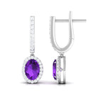 Oval Amethyst Hoop Drop Earrings with Moissanite Halo Amethyst - ( AAA ) - Quality - Rosec Jewels