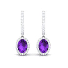 Oval Amethyst Hoop Drop Earrings with Moissanite Halo Amethyst - ( AAA ) - Quality - Rosec Jewels