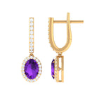 Oval Amethyst Hoop Drop Earrings with Moissanite Halo Amethyst - ( AAA ) - Quality - Rosec Jewels