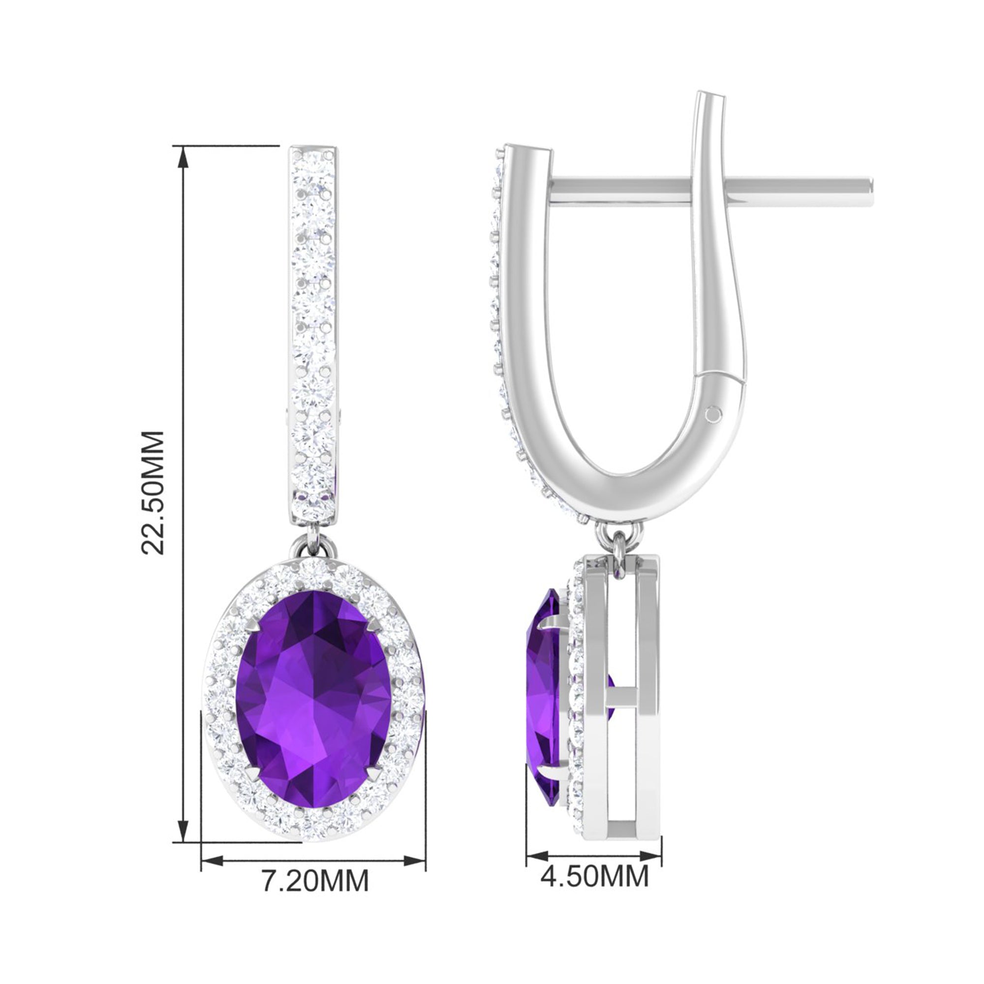 Oval Amethyst Hoop Drop Earrings with Moissanite Halo Amethyst - ( AAA ) - Quality - Rosec Jewels