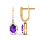 Oval Amethyst Hoop Drop Earrings with Moissanite Halo Amethyst - ( AAA ) - Quality - Rosec Jewels