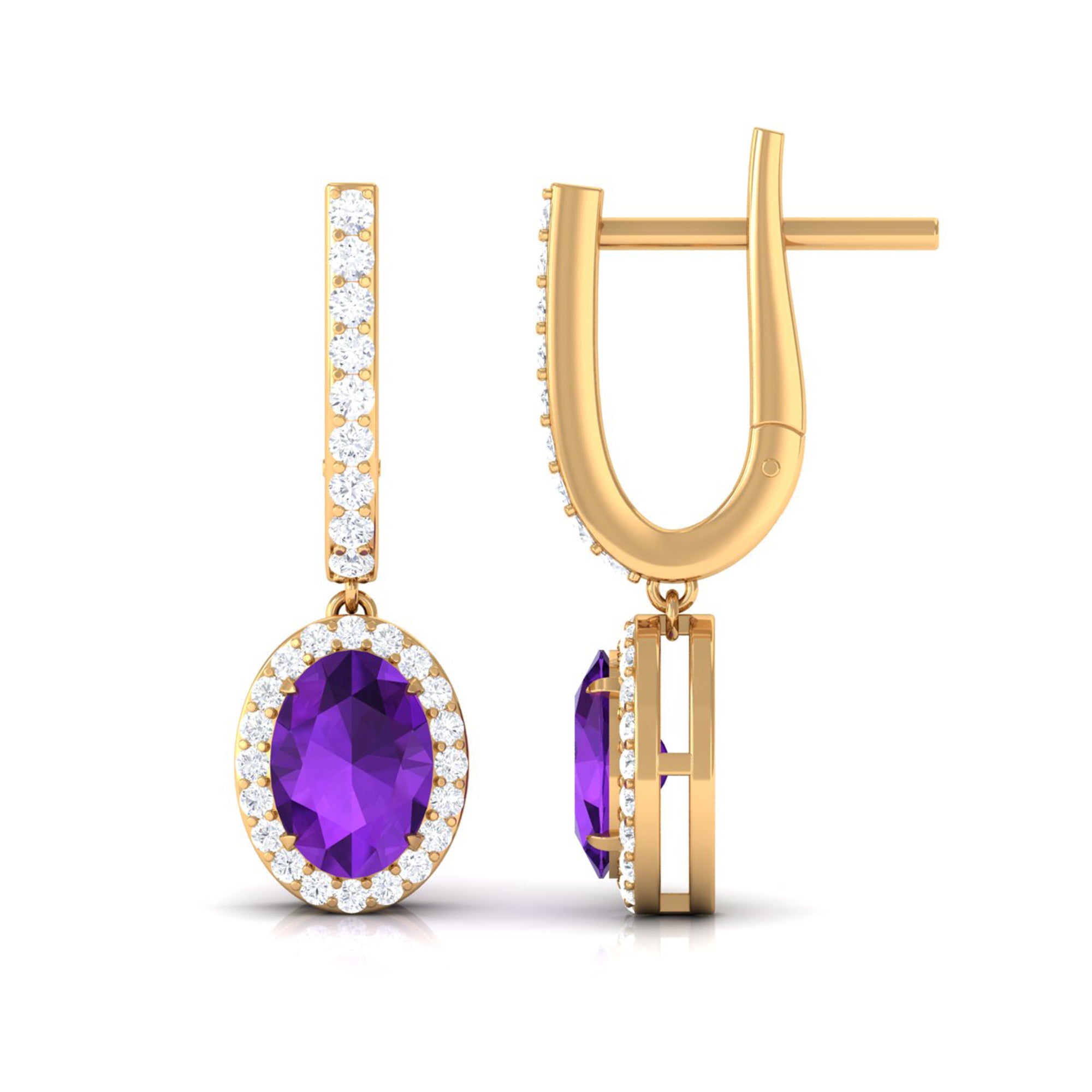 Oval Amethyst Hoop Drop Earrings with Moissanite Halo Amethyst - ( AAA ) - Quality - Rosec Jewels