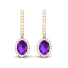 Oval Amethyst Hoop Drop Earrings with Moissanite Halo Amethyst - ( AAA ) - Quality - Rosec Jewels