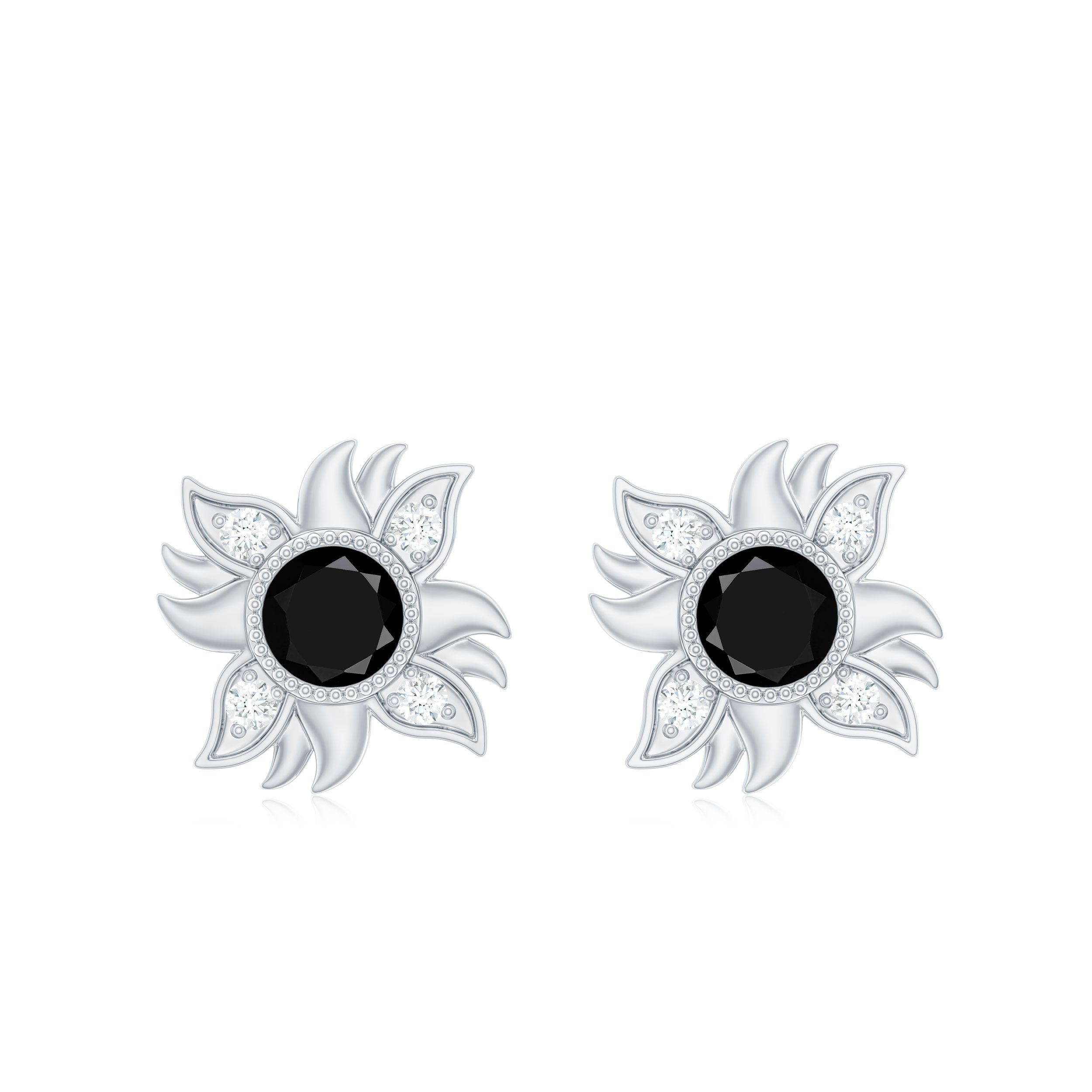 1/2 CT Round Shape Black Onyx and Diamond Sunburst Stud Earrings Black Onyx - ( AAA ) - Quality - Rosec Jewels