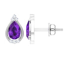 Amethyst Teardrop Stud Earrings with Diamond Amethyst - ( AAA ) - Quality - Rosec Jewels